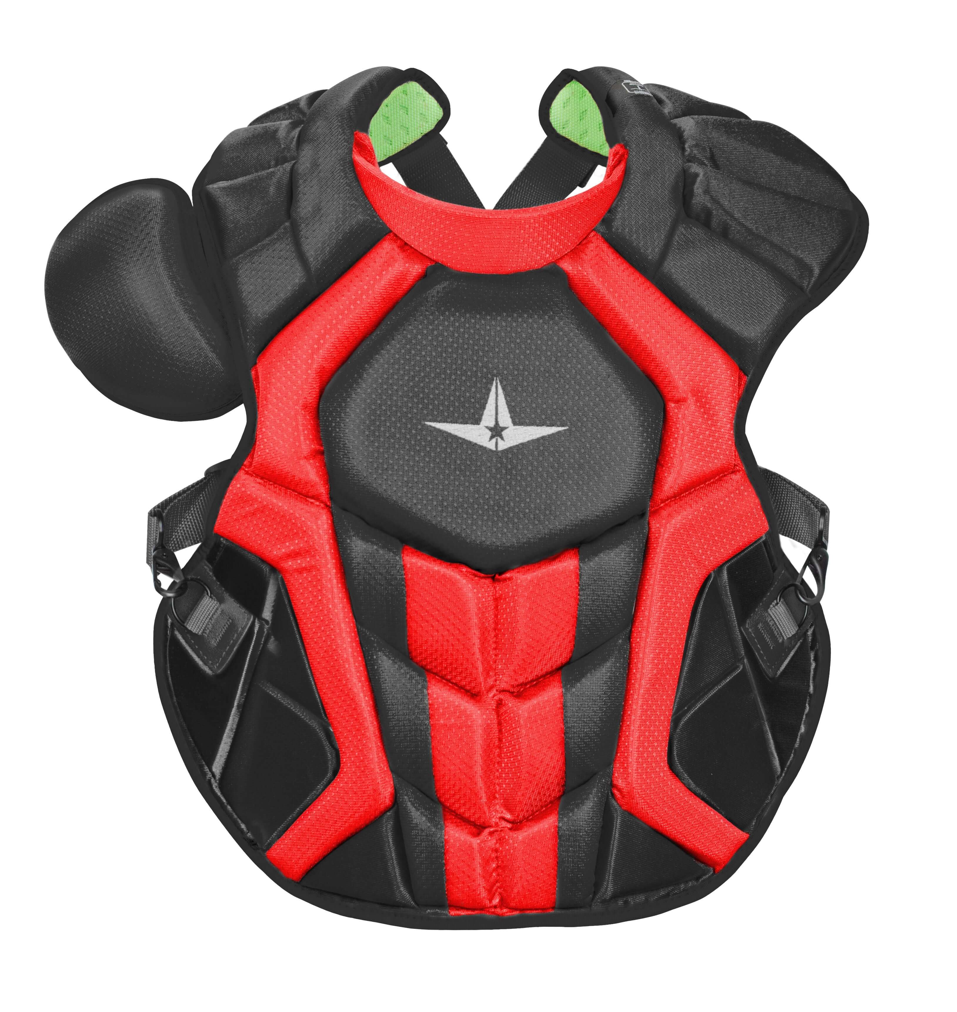 All-Star S7 Chest Protector in two-tone red and black design, NOCSAE certified, adult size, featuring protective molded plates.