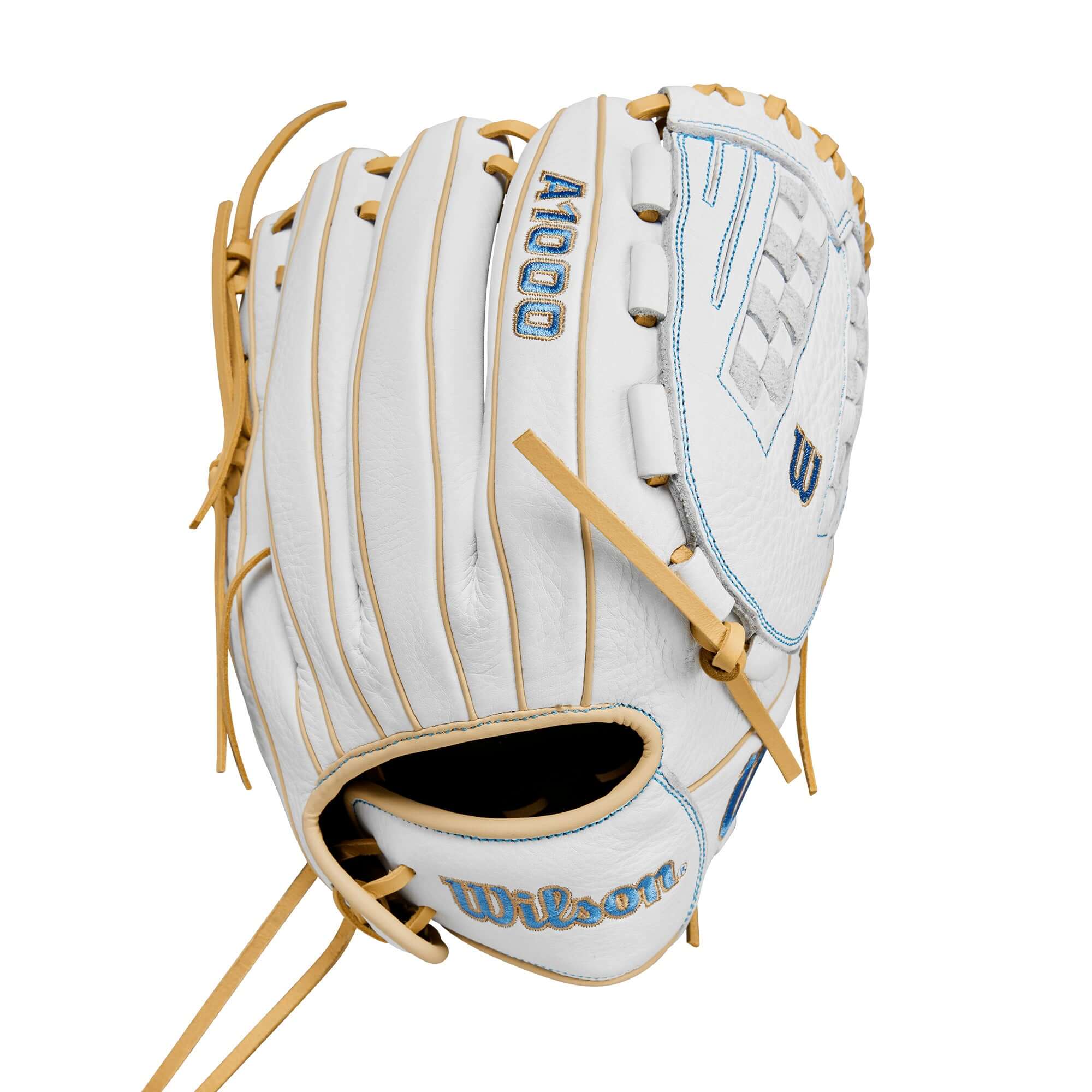 Wilson A1000 V125 fastpitch softball glove in white, blue, and blonde, 12.5” size, designed for multi-position play.