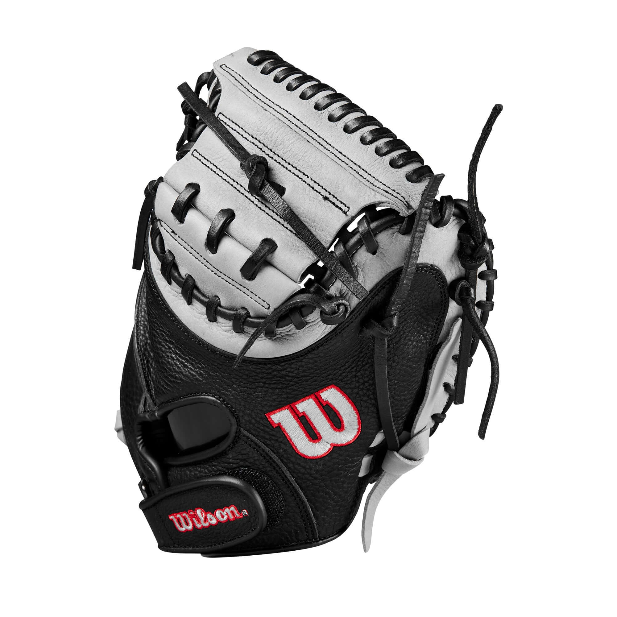 Wilson 2024 A1000 CM33 baseball catcher's mitt in silver, black, and red with Half Moon Web design.