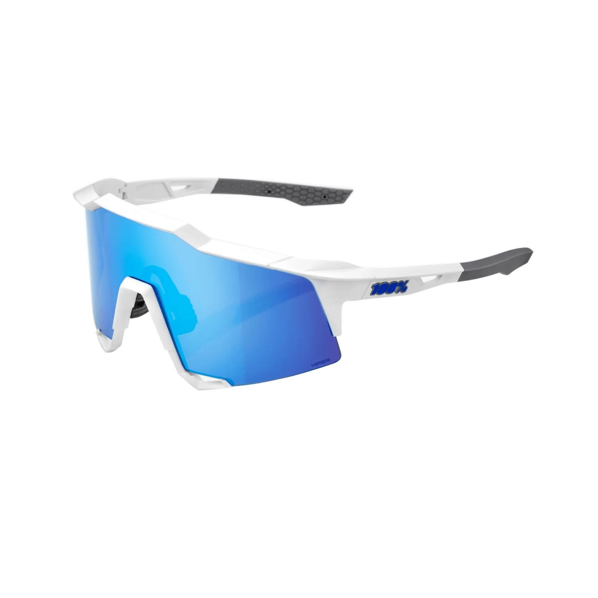 100% Speedcraft matte white sunglasses with Hiper blue mirror lens, designed for high-performance and UV protection.