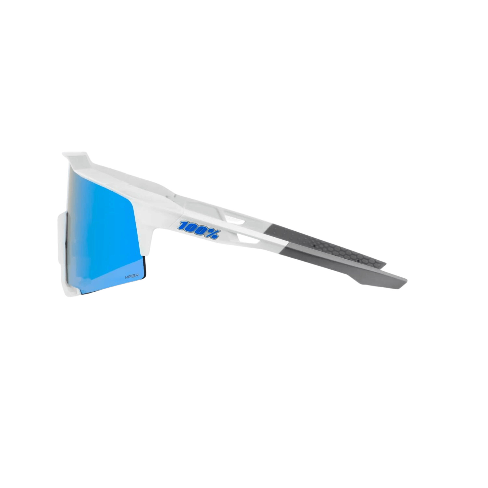 100% Speedcraft Matte White sunglasses with Hiper Blue multilayer mirror lens showcasing a sleek side profile.