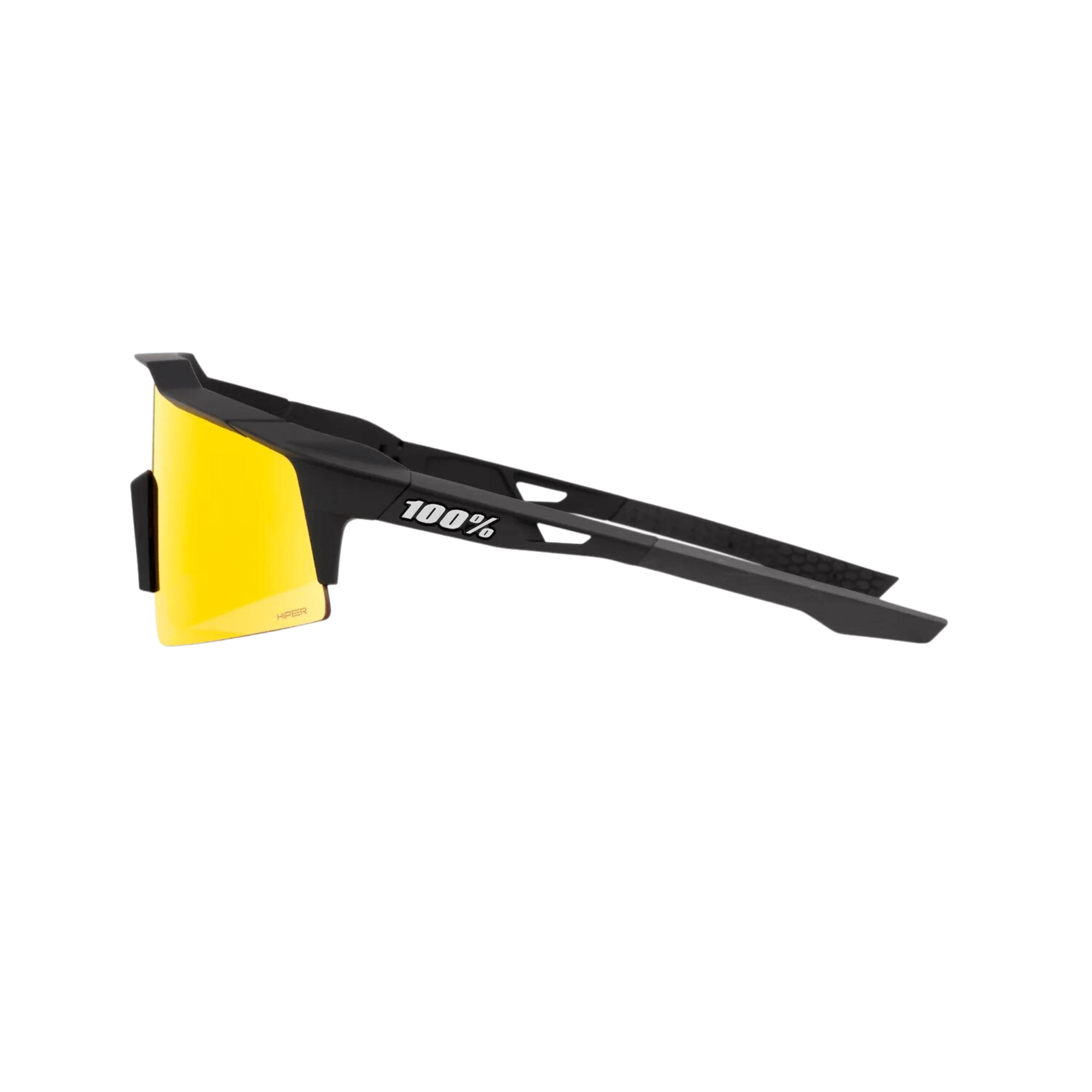 100% Speedcraft SL sunglasses with yellow lenses and black frame, designed for optimal visibility and UV protection.