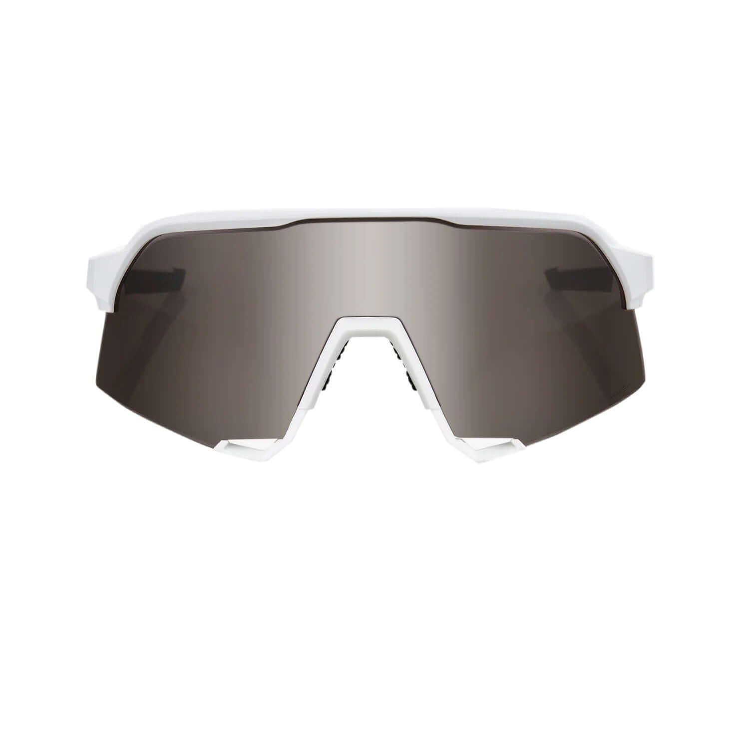 100% S3 Matte White sunglasses with HiPER Silver Mirror Lens, ultra HD, lightweight, and scratch resistant features.