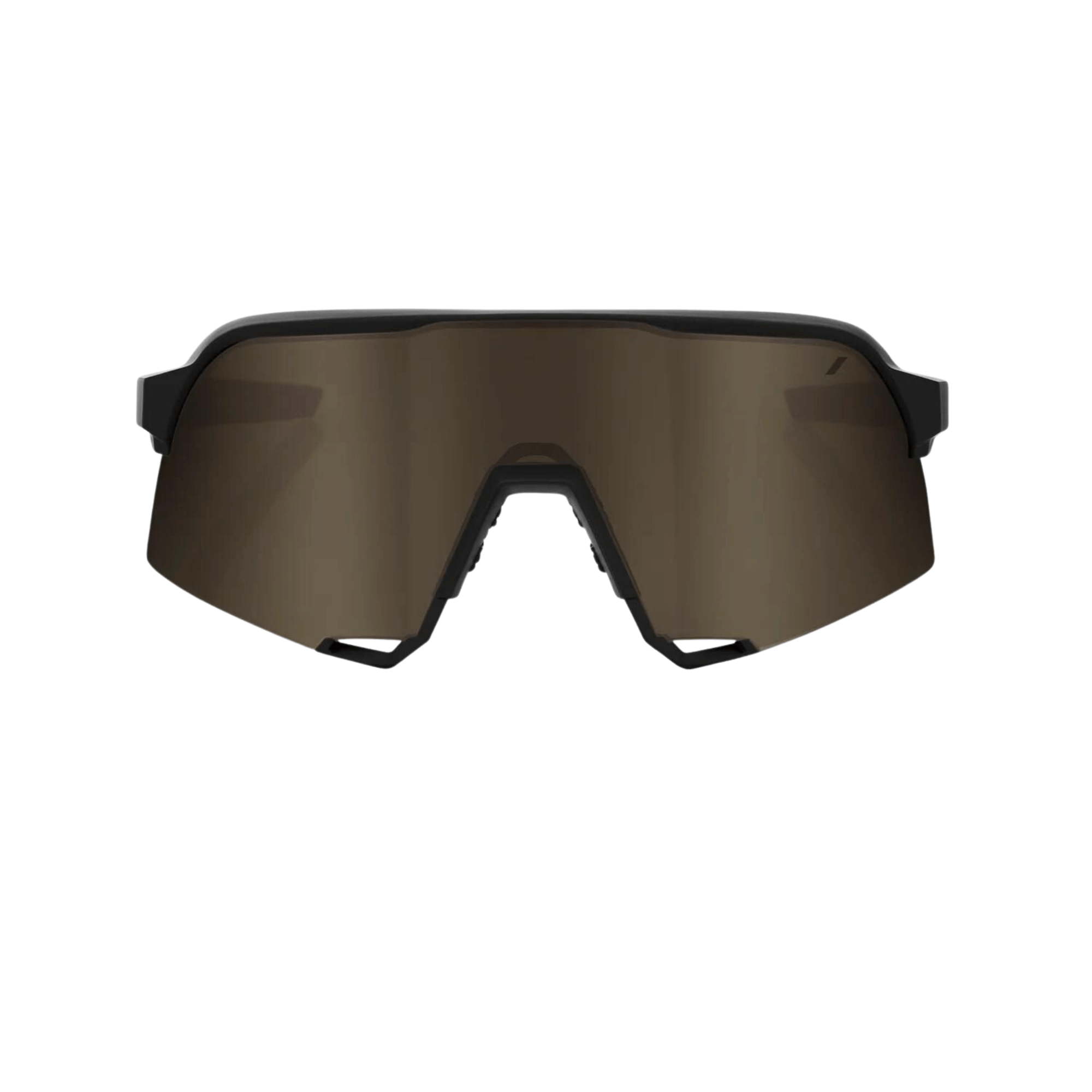 Black and gold shield sunglasses with enhanced peripheral view and protection.