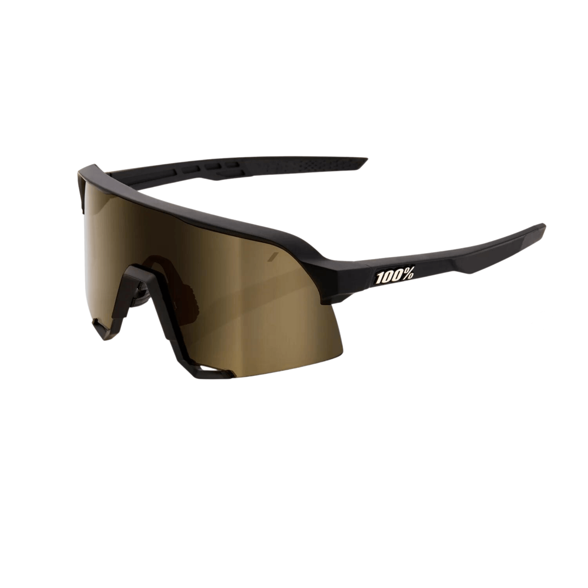 Black and gold shield sunglasses with enhanced peripheral view and protection.