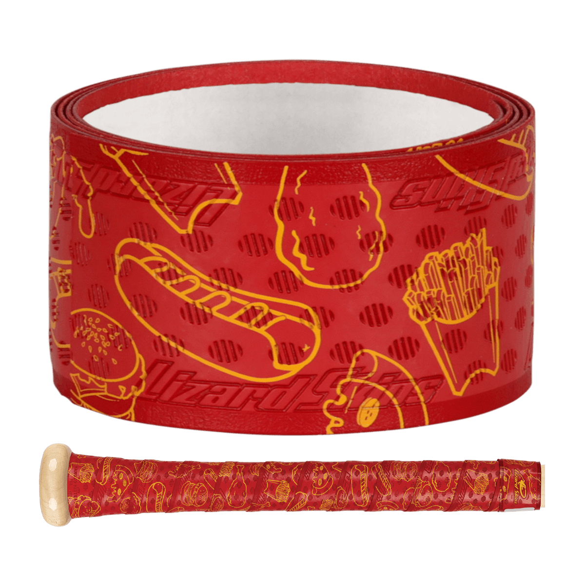 Lizard Skins DSP Ultra Bat Grip in Stadium Eats design featuring fun food patterns and multi-directional ridges for better performance.