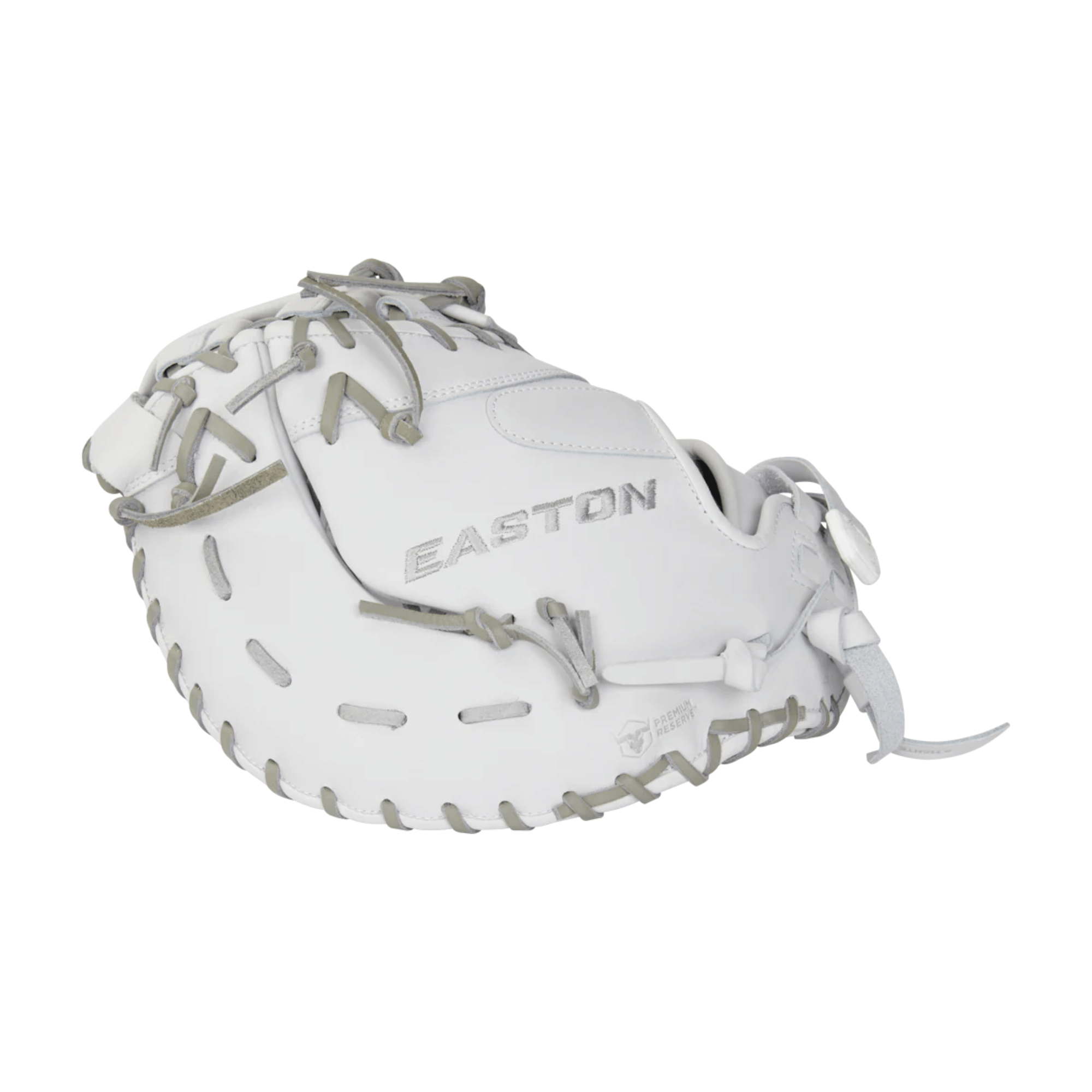 Easton Pro Collection Series First Base Mitt Softball Glove in white, featuring premium leather and Quantum Closure System.