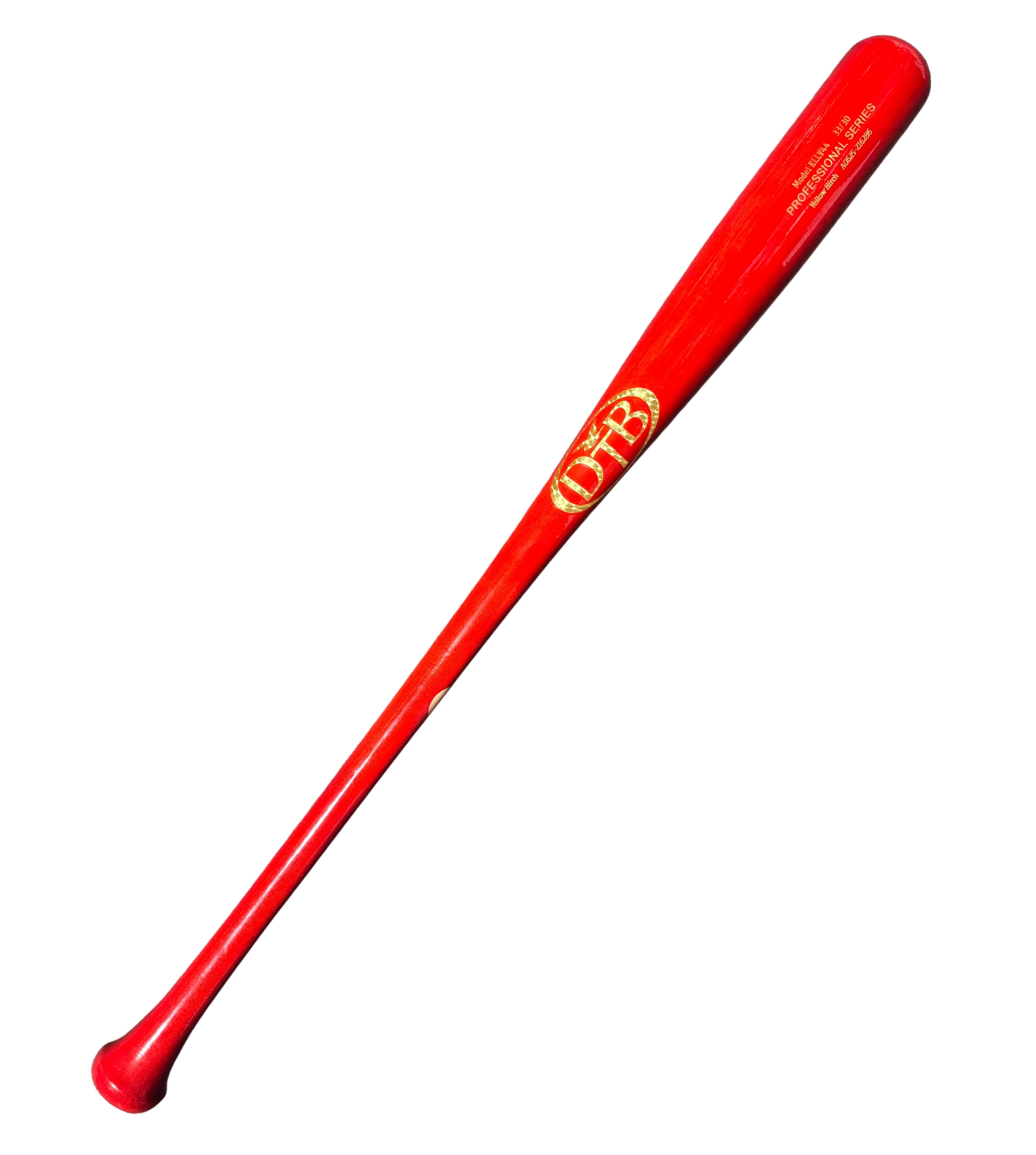 Dove Tail Bats Custom Elly44 Birch Red Gloss 33" side profile, showing red finish and gold logo.
