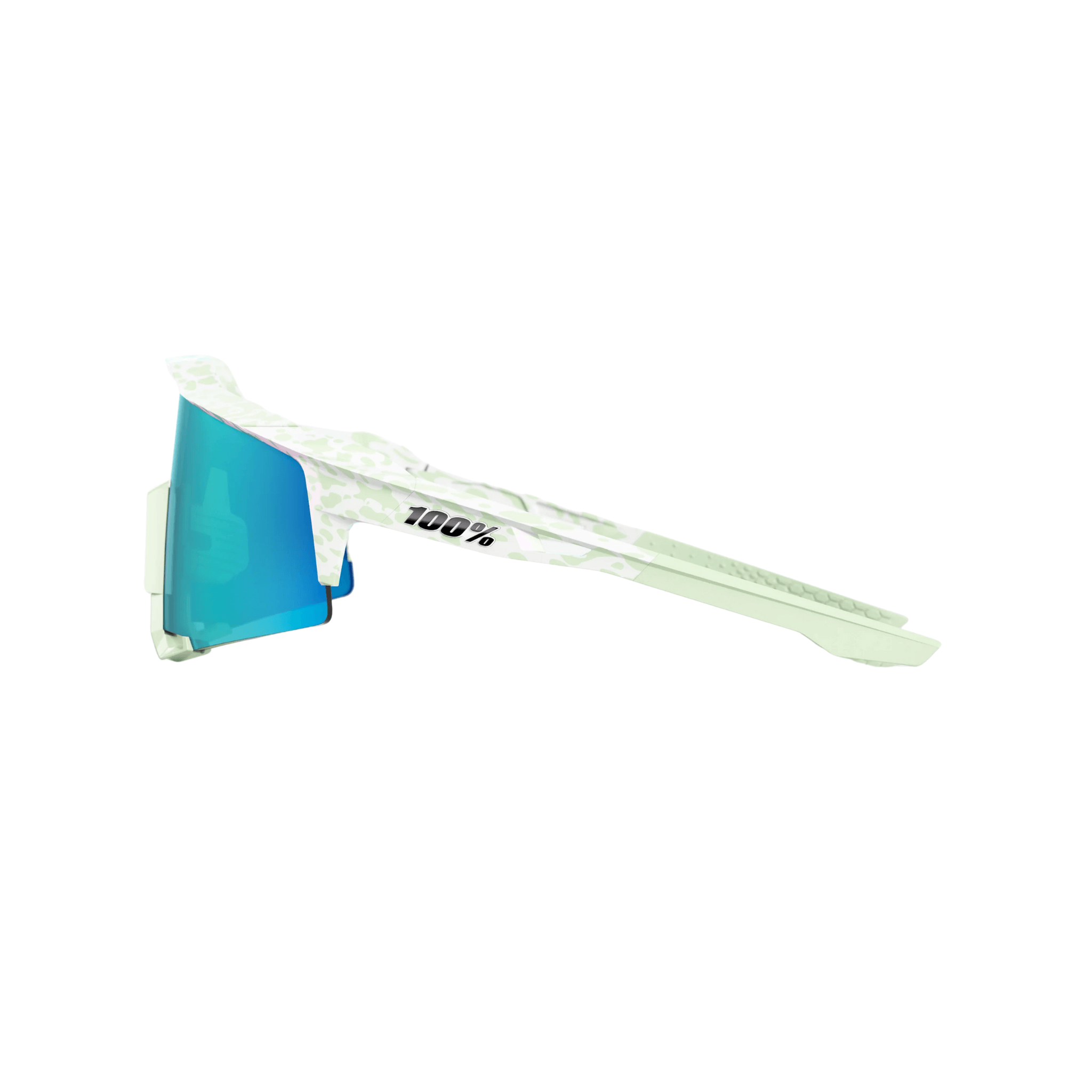 Side frame of 100% Speedcraft LE Elly 2 sunglasses in polished light green with blue topaz mirror lens