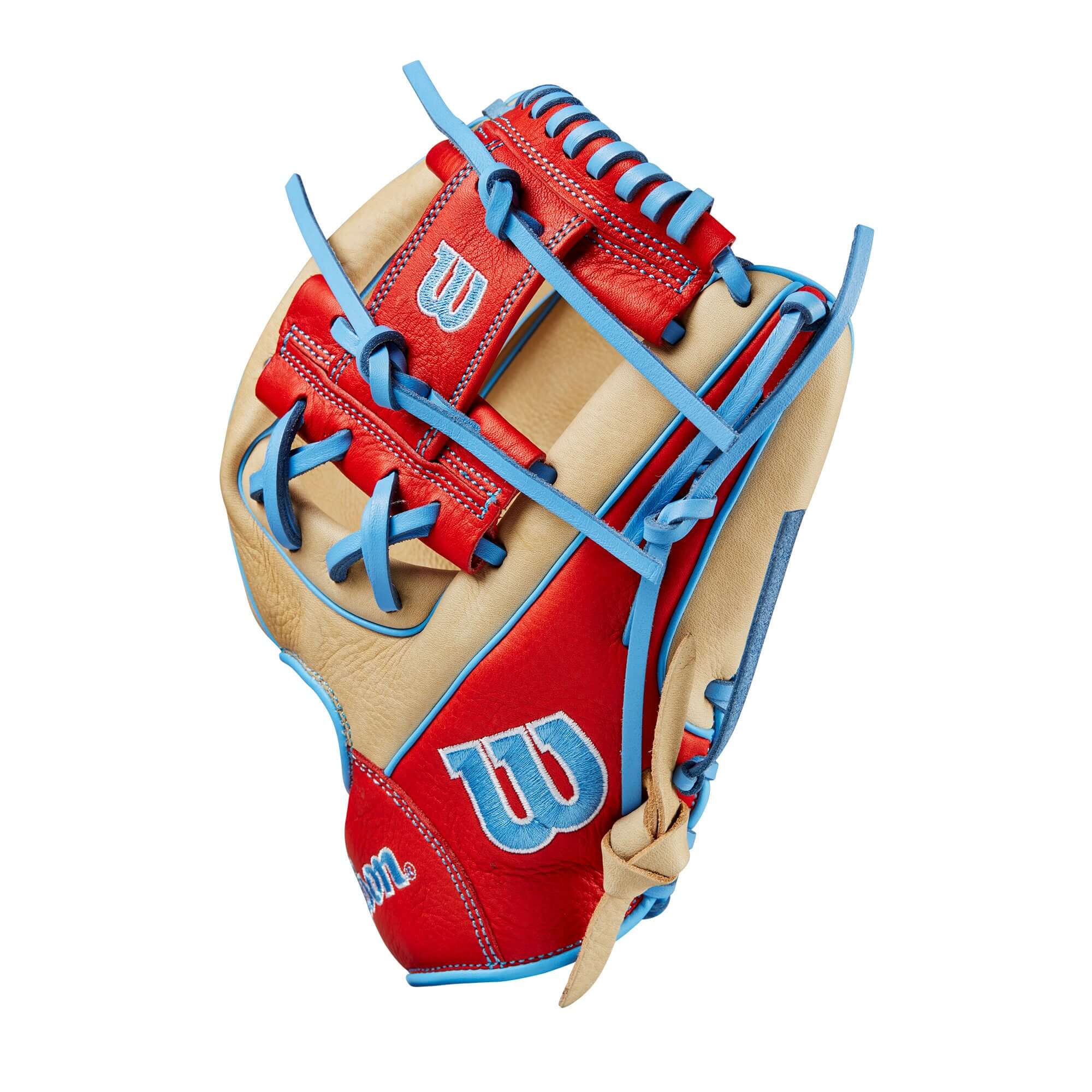 Wilson 2024 A1000 1786 infield baseball glove in Blonde, Red, and Blue, 11.5-inch design for travel ball players.