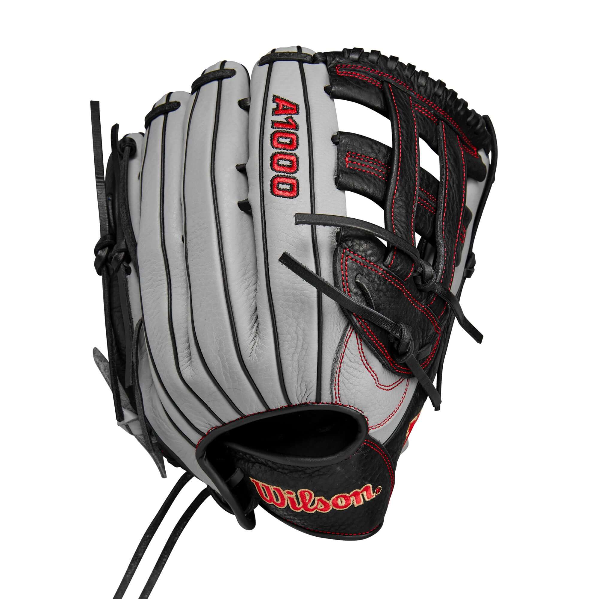 Wilson 2024 A1000 1750 outfield baseball glove in gray with black and red accents, designed for travel ball and high school use.