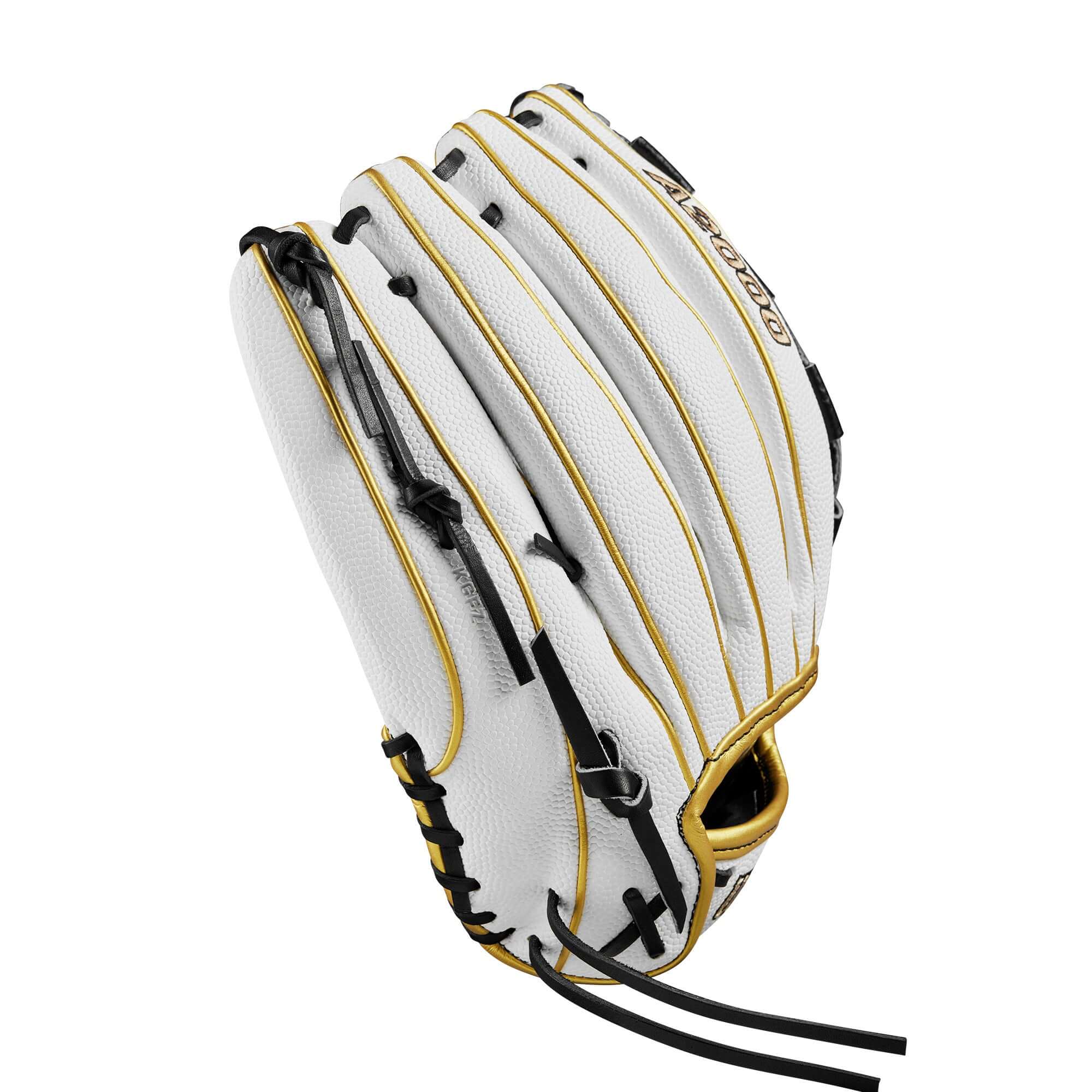 Wilson 2024 A2000 FP SCV125SS 12.5" softball glove in white, black, and gold, showcasing modern technology and Spin Control.