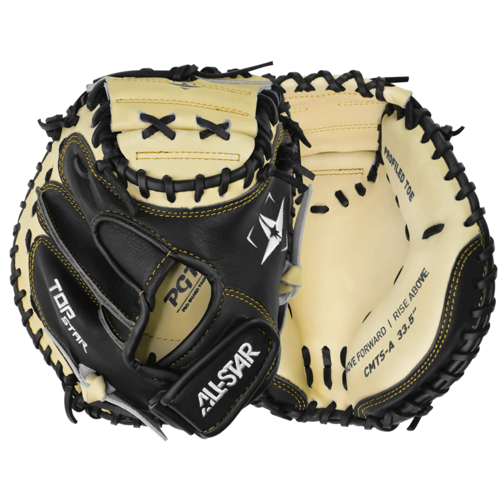 All-Star Adult TopStar 33.5" catcher's mitt featuring durable leather, extended pocket, and adjustable wrist closure.