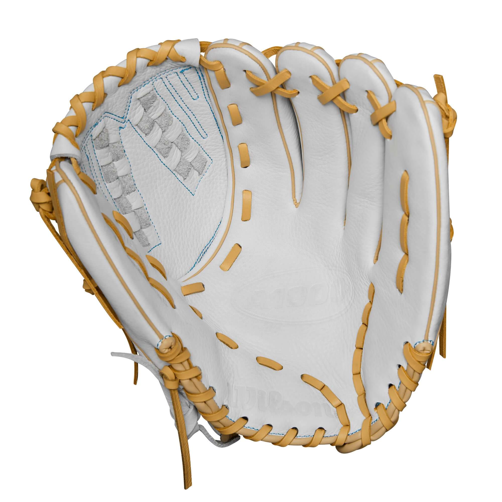 Close-up of Wilson 2024 A1000 V125 fastpitch softball glove in white and blonde, 12.5” with Closed Victory Web design.