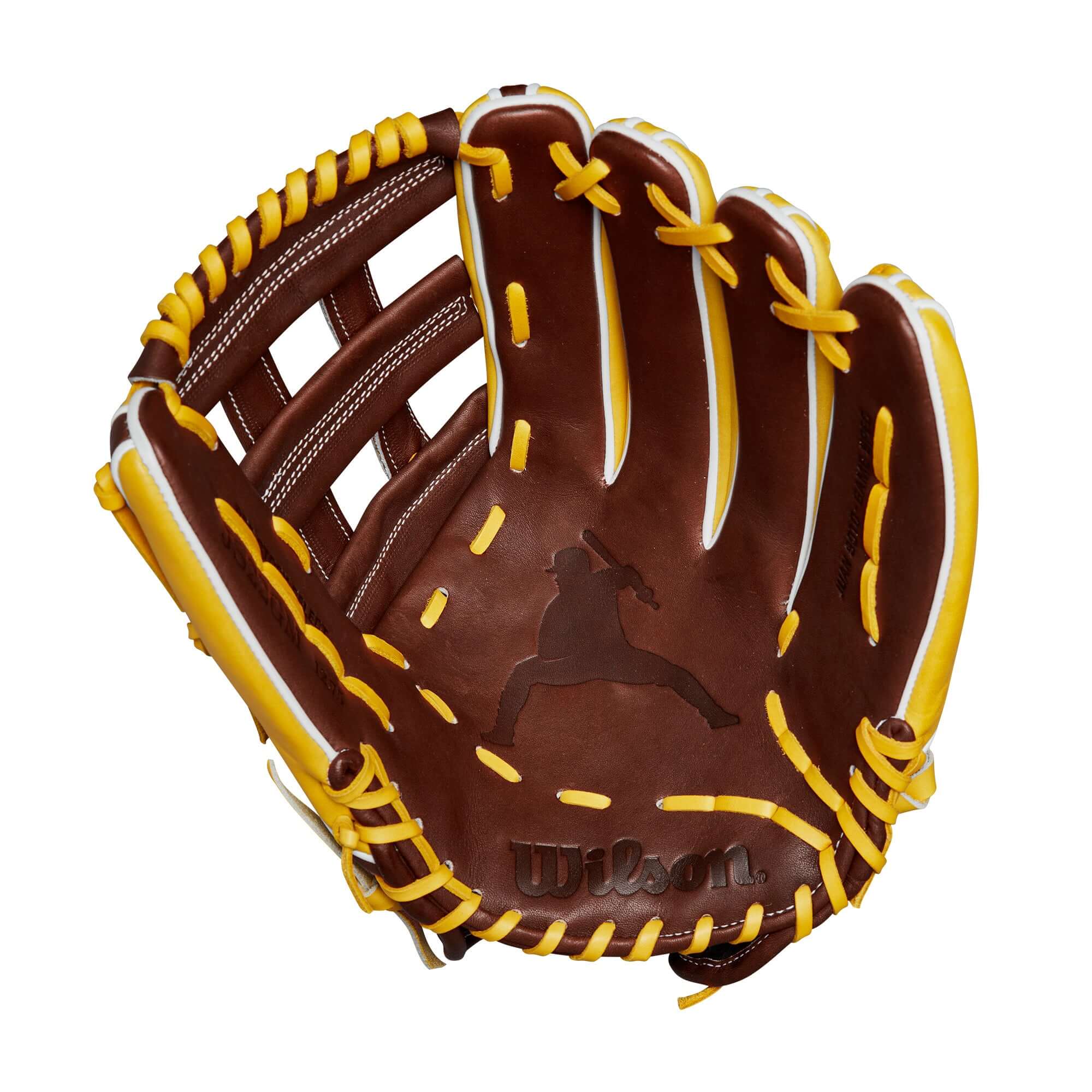Wilson 2024 A2K Juan Soto game model outfield glove in dark brown and yellow gold with dual post web design.