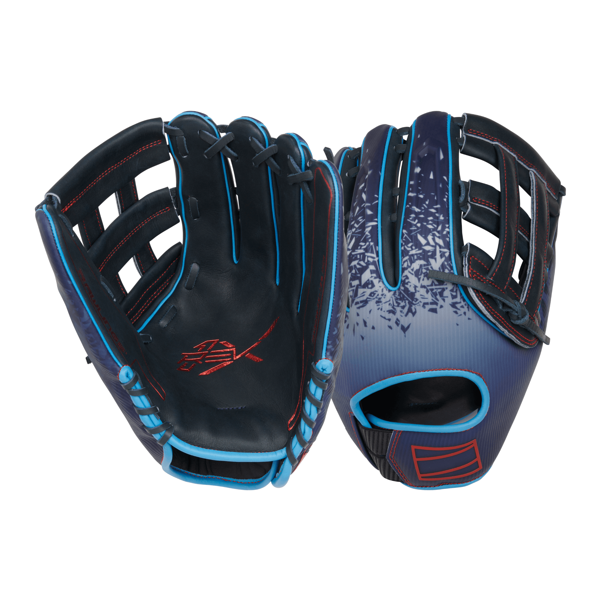 Rawlings REV1X 12.75" left-hand throw baseball glove in navy, white, and black leather with unique design.