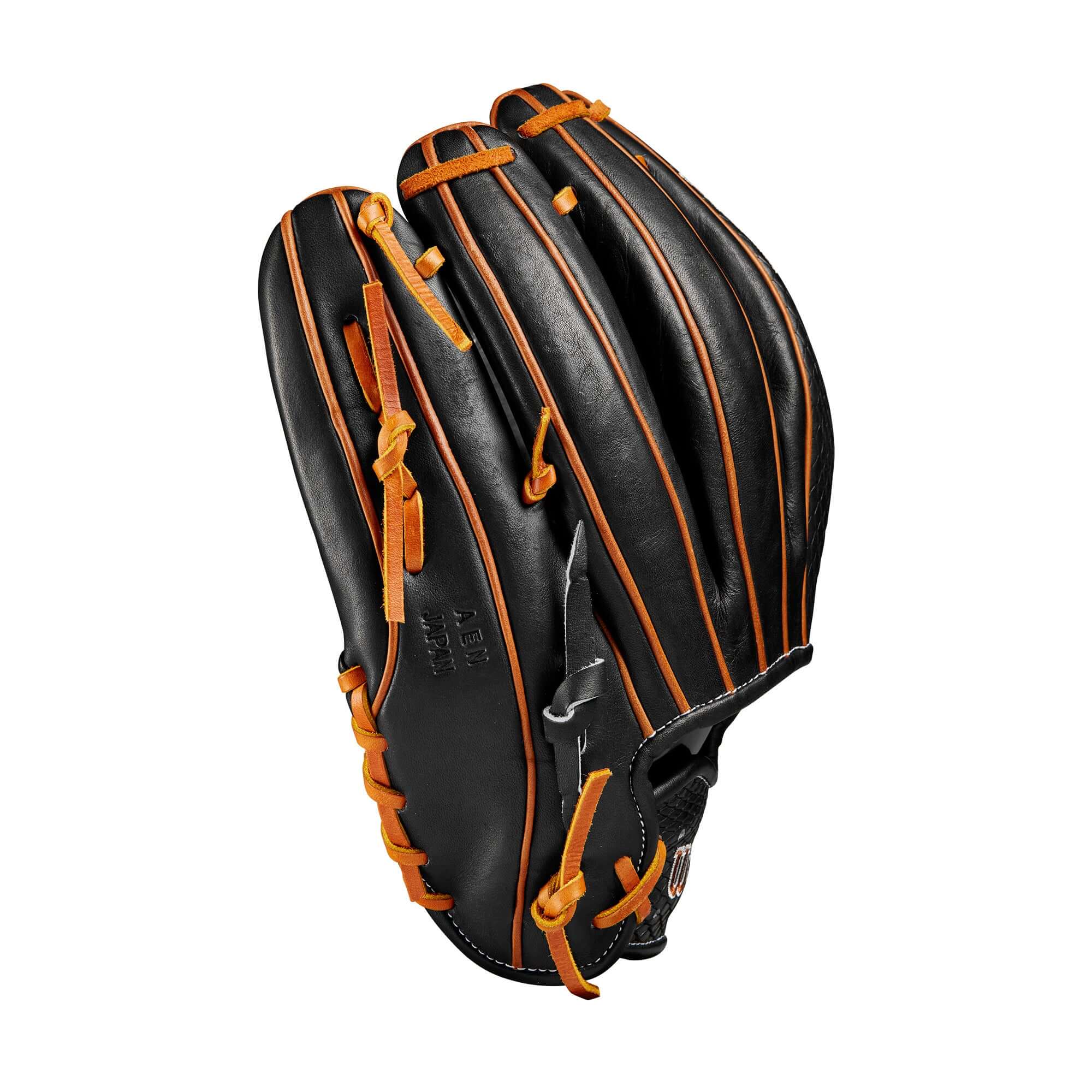 Wilson 2024 A2K B23 12" Pitcher's Baseball Glove in black with saddle and tan accents, featuring a modified wrist strap.