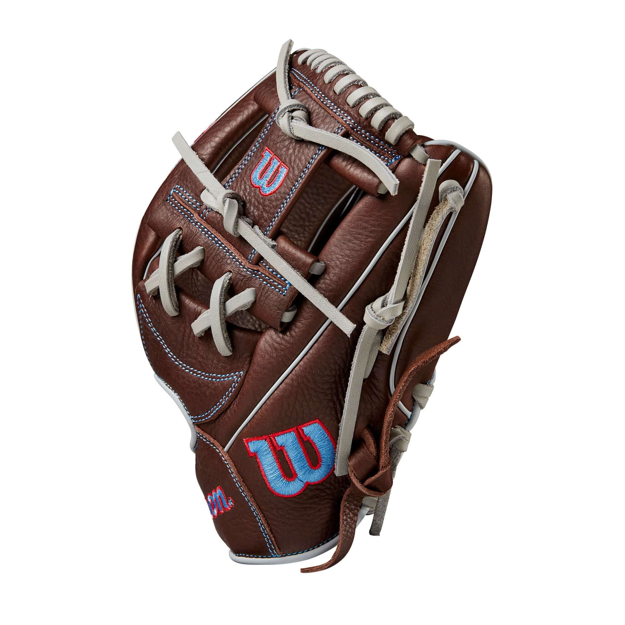 Wilson 2024 A1000 1787 infield baseball glove in dark brown with red and blue accents, 11.75" size, designed for teenage players.