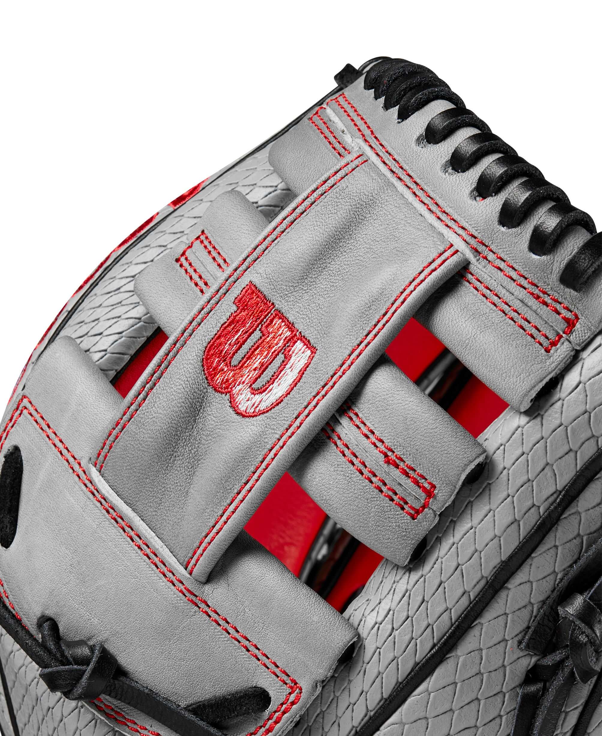 Close-up of Wilson A2000 Tim Anderson glove showcasing the reinforced H-Web and Pro Stock leather design.