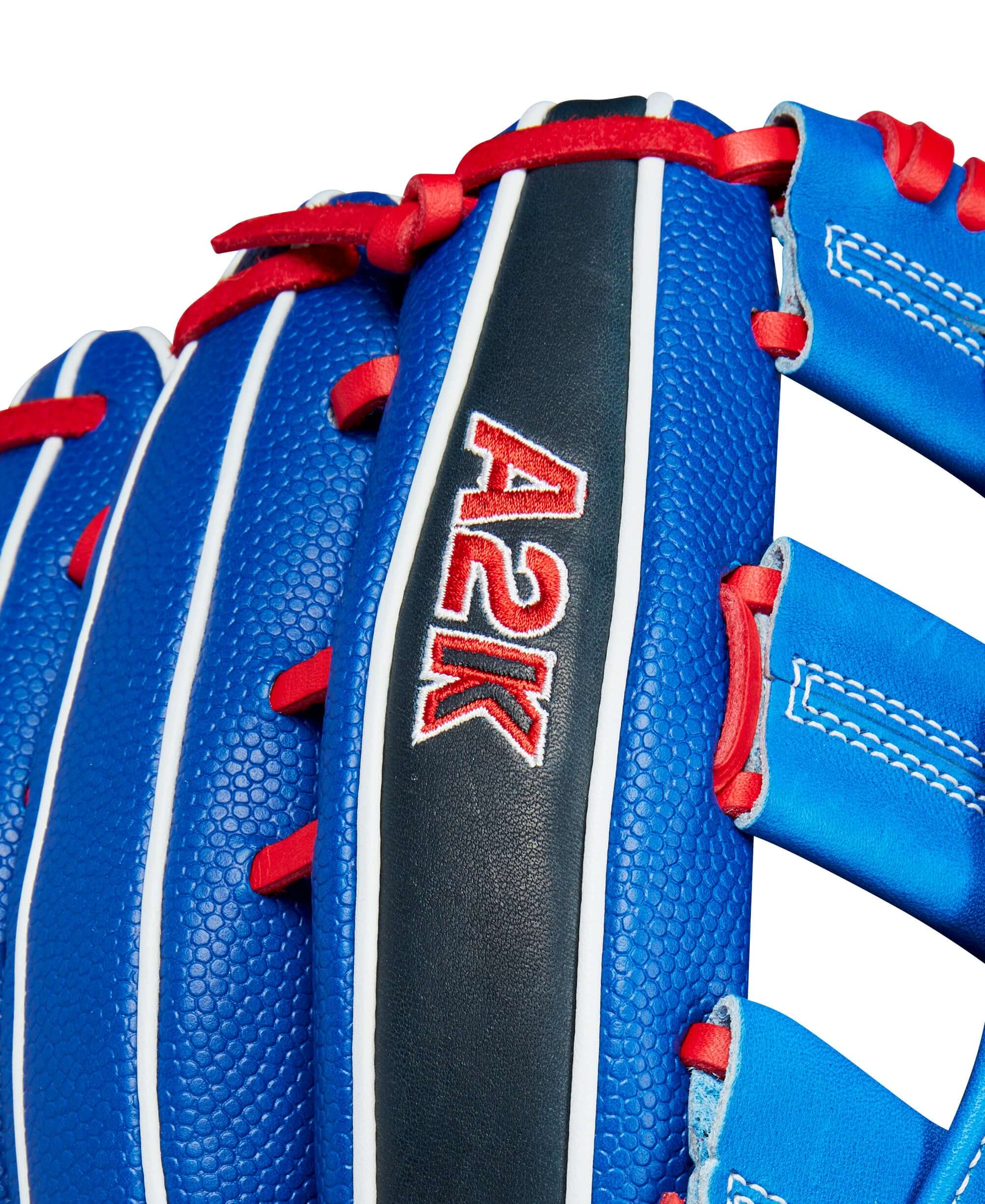 Close-up of Wilson A2K Mookie Betts glove, showcasing blue leather with red accents and the A2K logo.