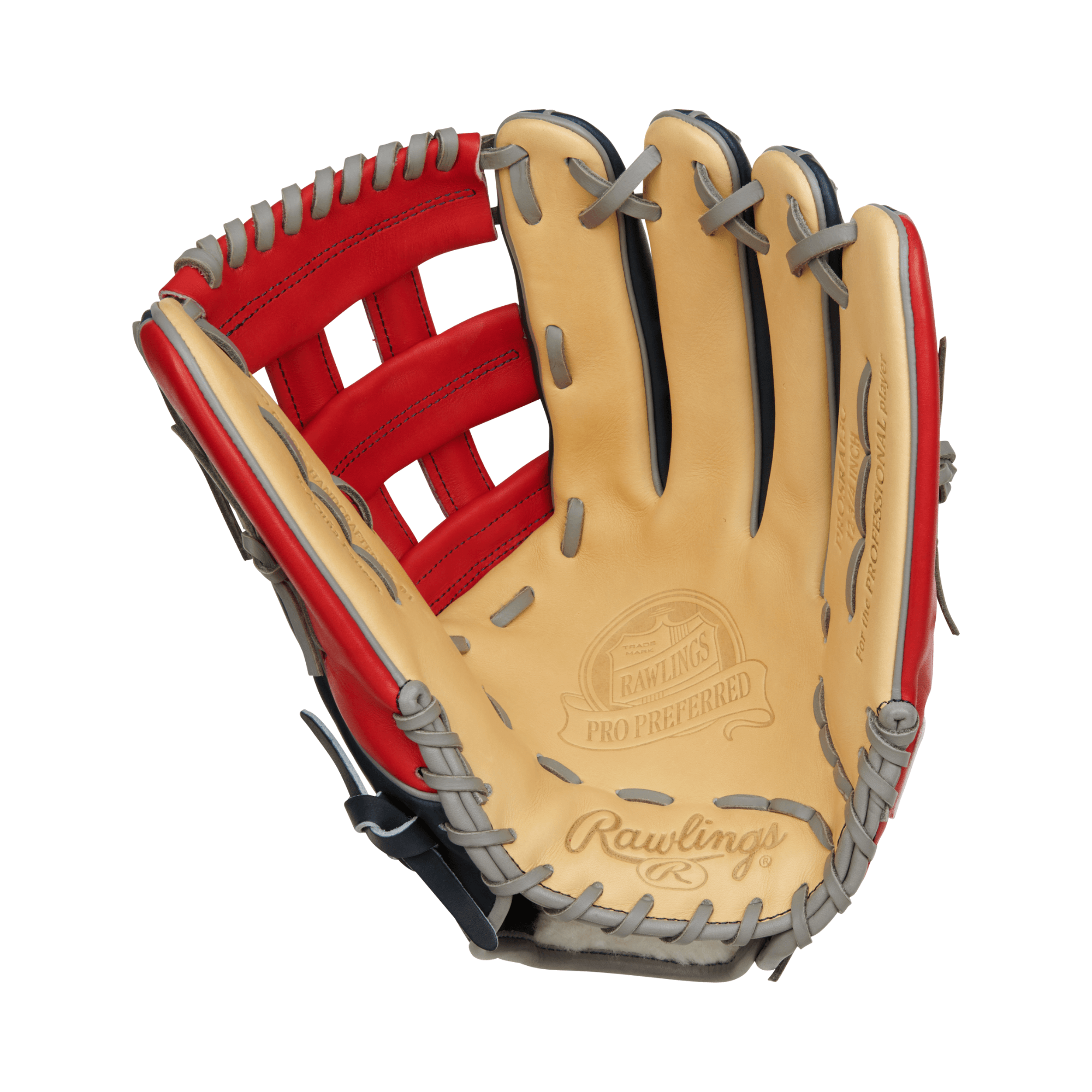 Rawlings Pro Preferred Series 12.75" baseball glove in red and black, designed for outfield, featuring Ronald Acuna Jr. pattern.