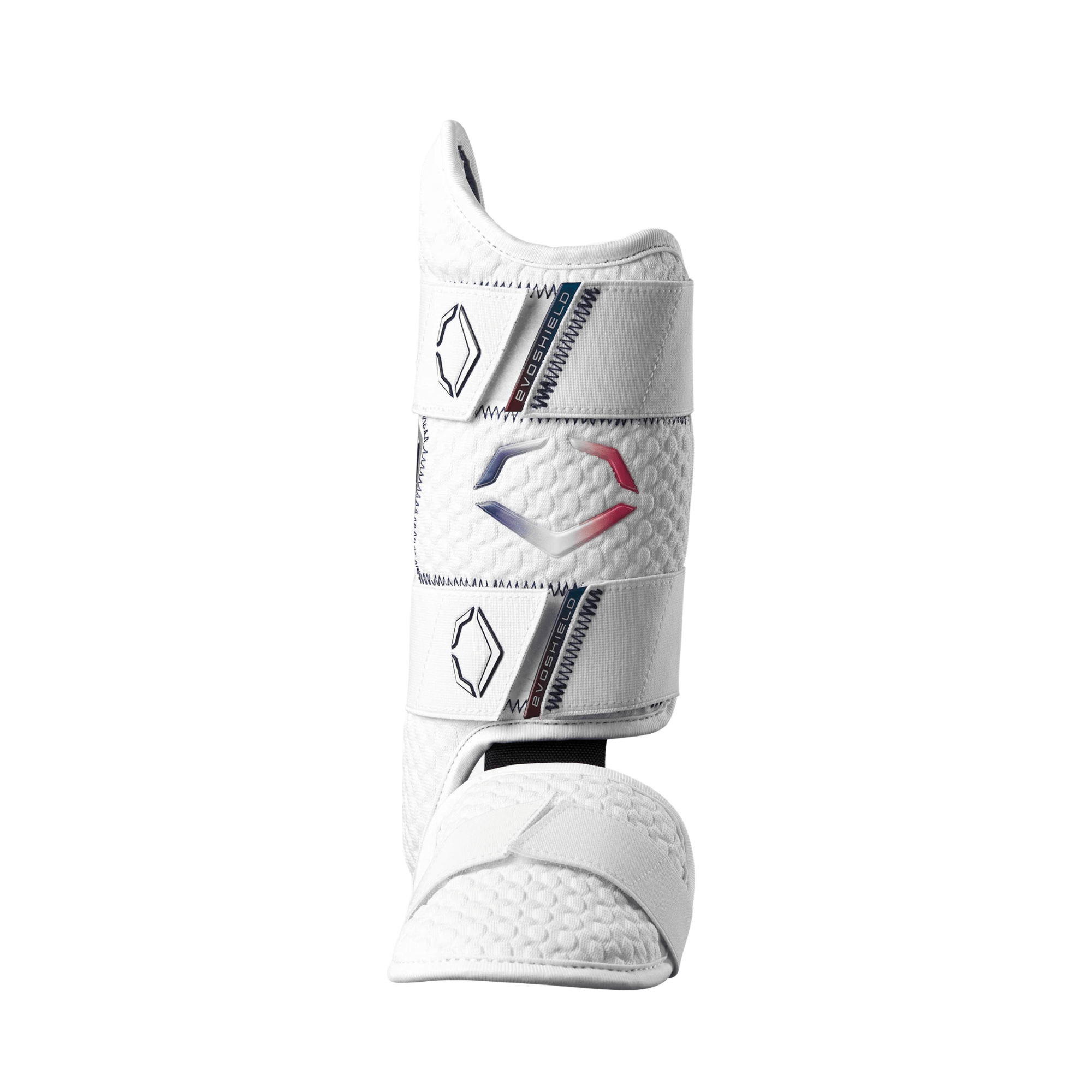 Evoshield X-SRZ 2.0 Leg Guard in White with Red and Navy accents, featuring Gel-to-Shell technology and moisture-wicking mesh.