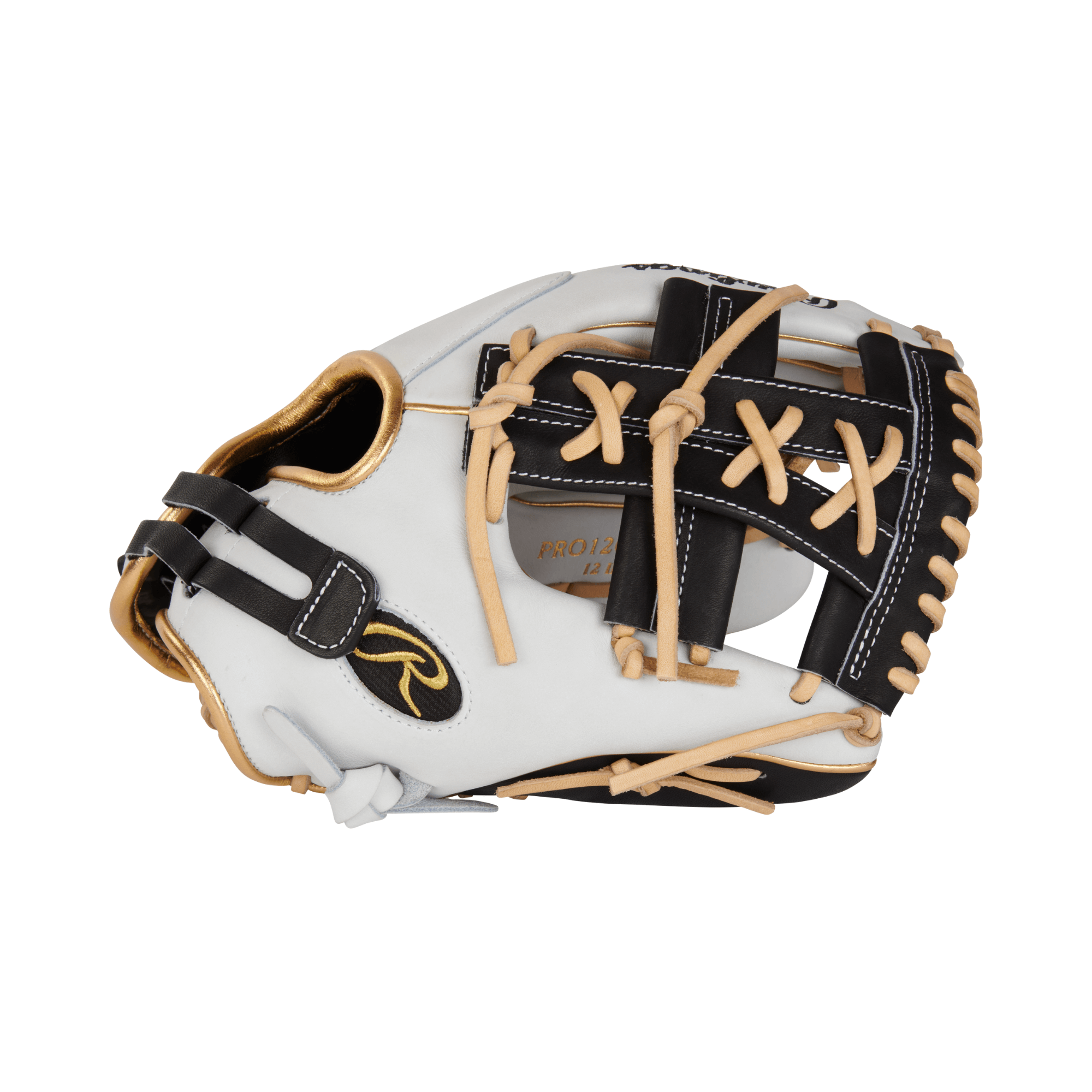 Rawlings Heart Of The Hide 12" softball glove in white, black, and metallic gold, designed for fastpitch infielders.