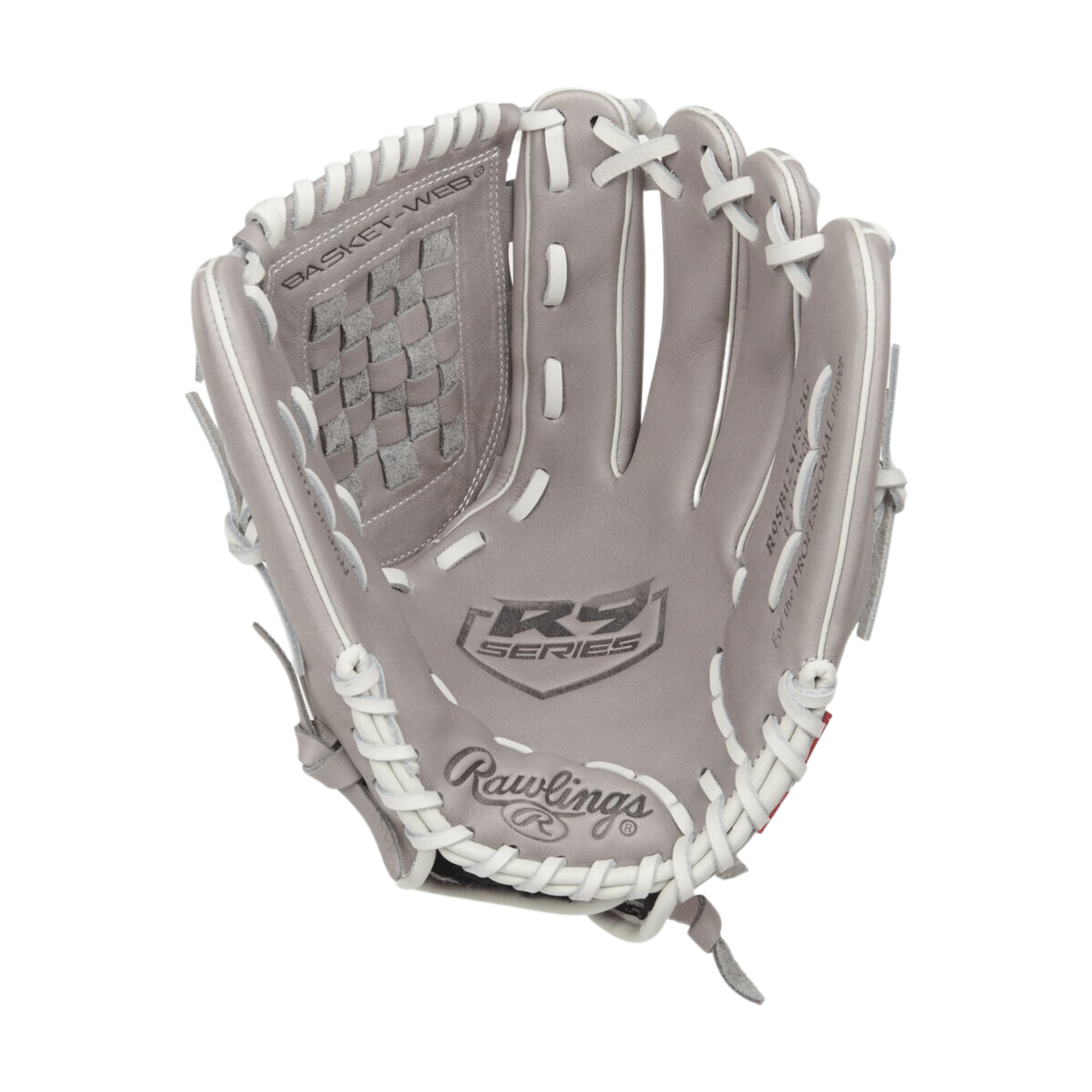 Rawlings R9 Softball Series 12.5" glove with basket web design, soft all-leather shell, ideal for youth players aged 8-14.