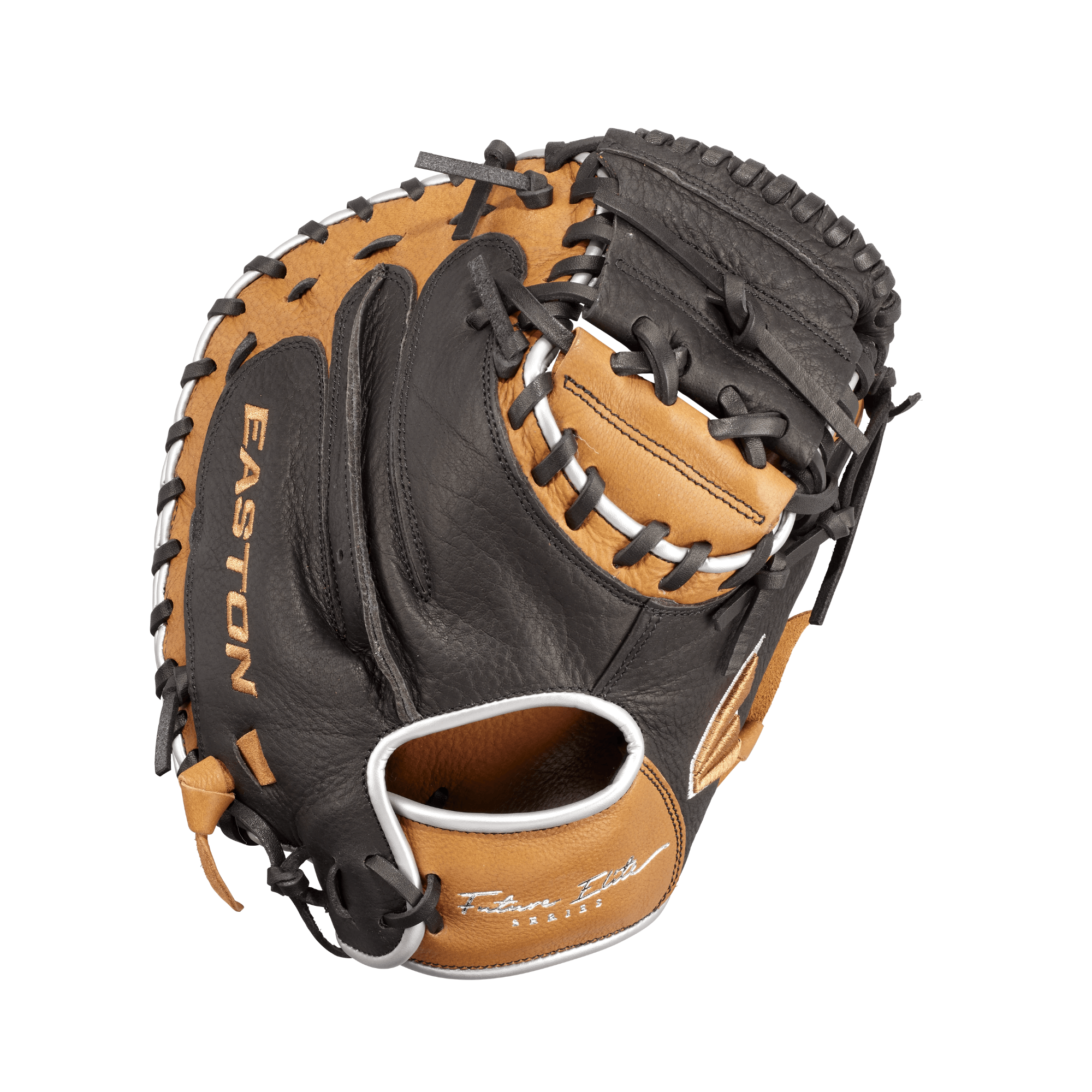 Easton Future Elite Series youth catcher's mitt 32" baseball glove in black and tan, designed for optimal performance and comfort.