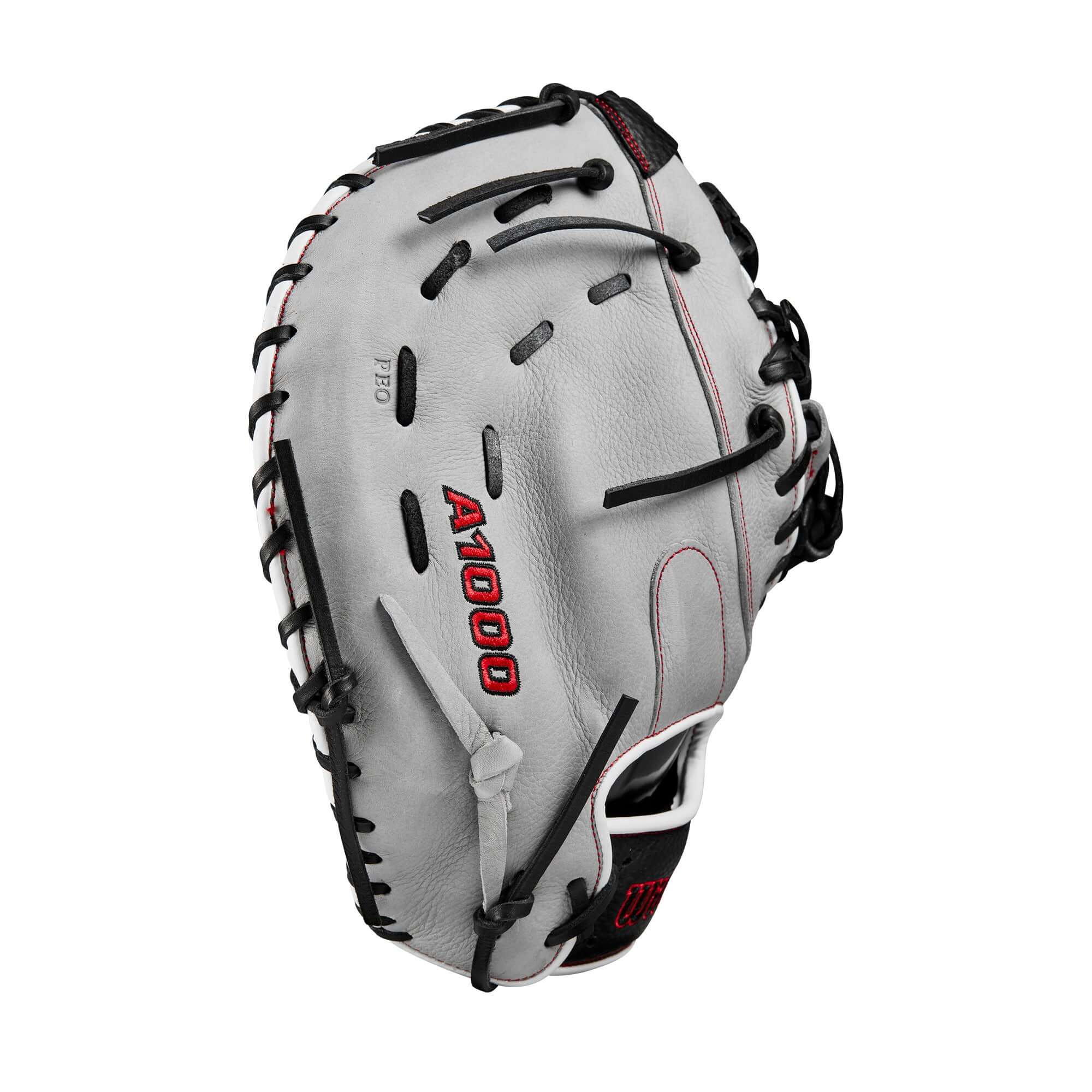 Wilson A1000 1620 first base mitt in silver and black with red detailing, designed for easy handling in softball and baseball.