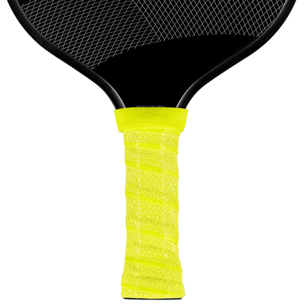 Lizard Skin DSP Ultra Pickleball Grip 0.8mm in neon yellow on a paddle, showcasing texture and durability.