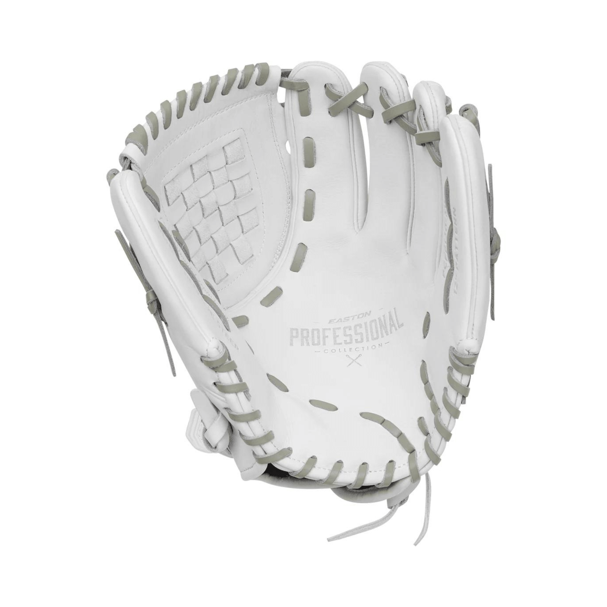 Easton Pro Collection 12" LHT softball glove in white, featuring premium steerhide leather and full coverage basket web design.