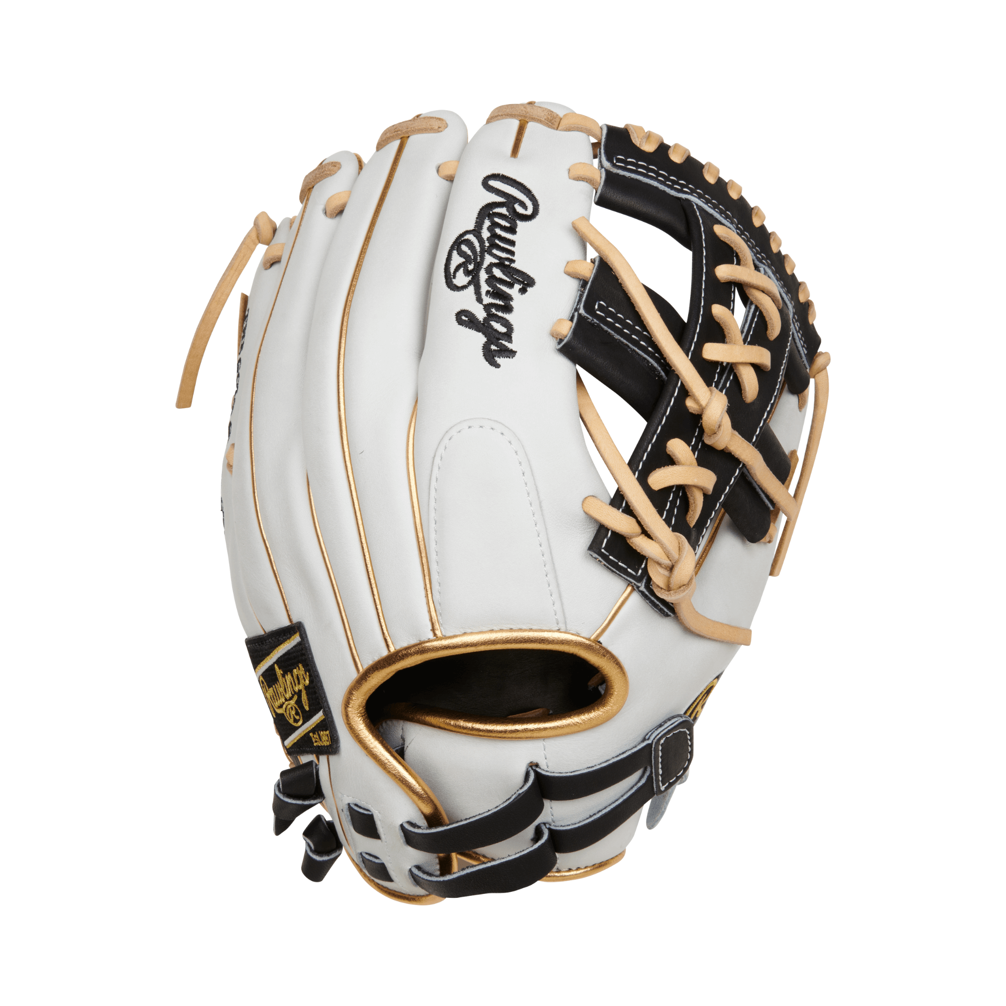 Rawlings Heart of the Hide 12" softball glove in white and black with gold accents, perfect for fastpitch infielders.