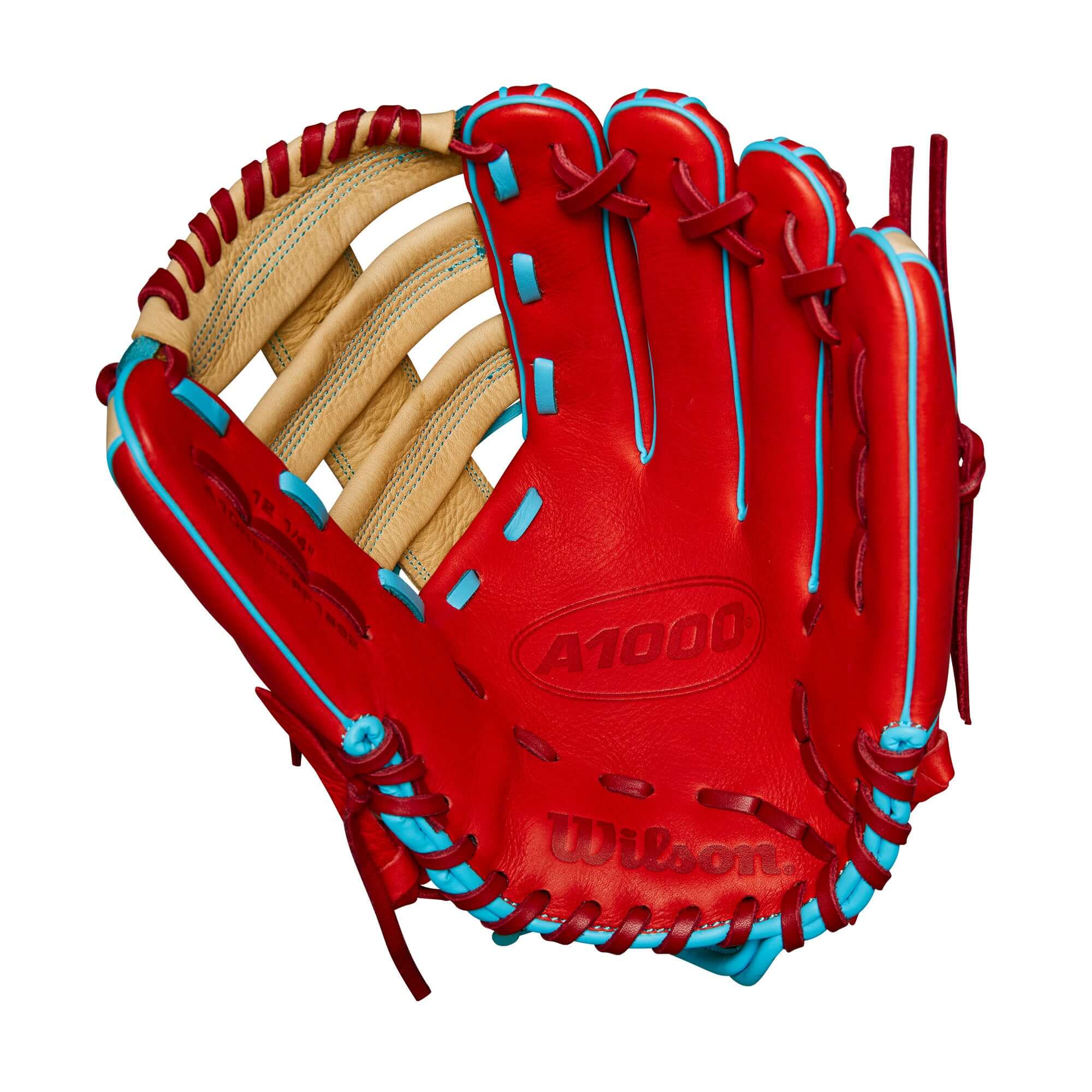 Wilson 2024 A1000 PF1892 outfield baseball glove in red and blonde leather, LHT 12.25” designed for younger players.