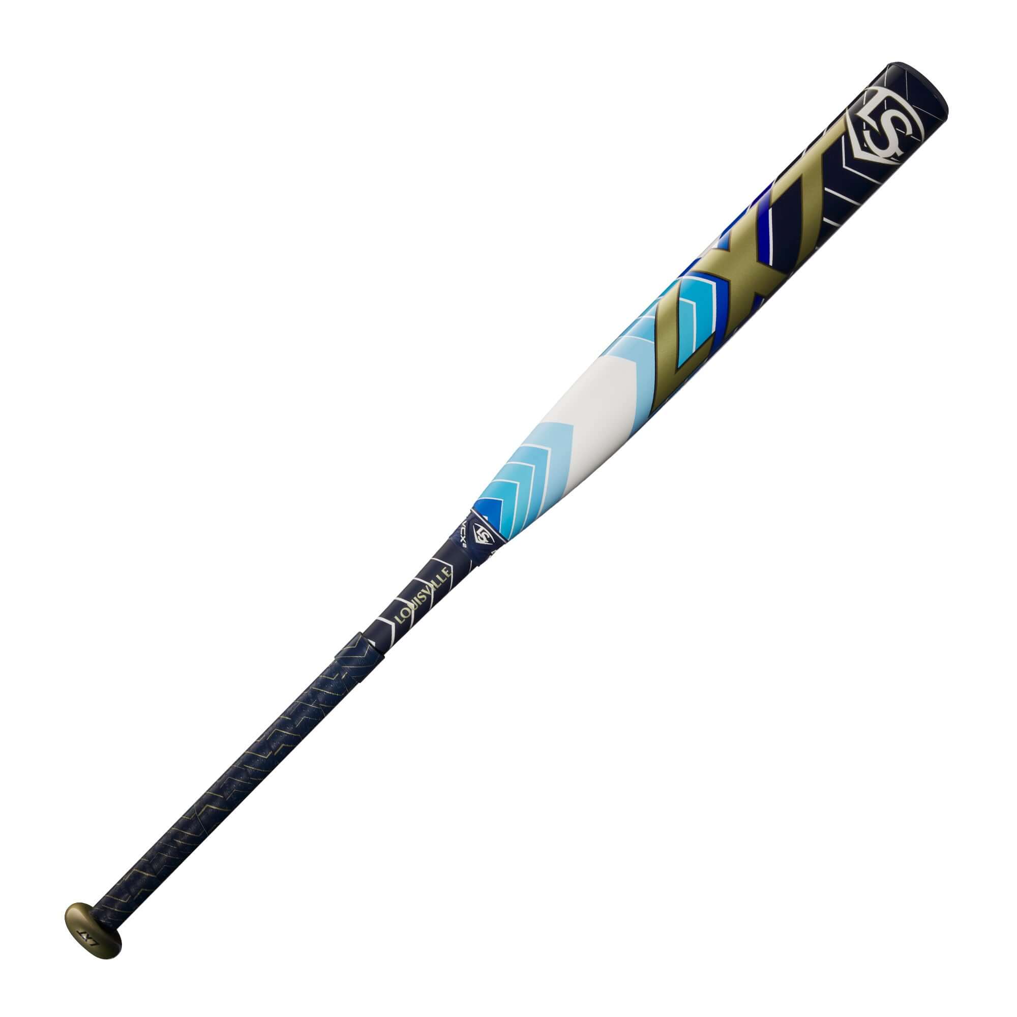 Louisville Slugger 2024 LXT (-11) Fastpitch Bat with a blue and gold design, perfect for young hitters and slappers.