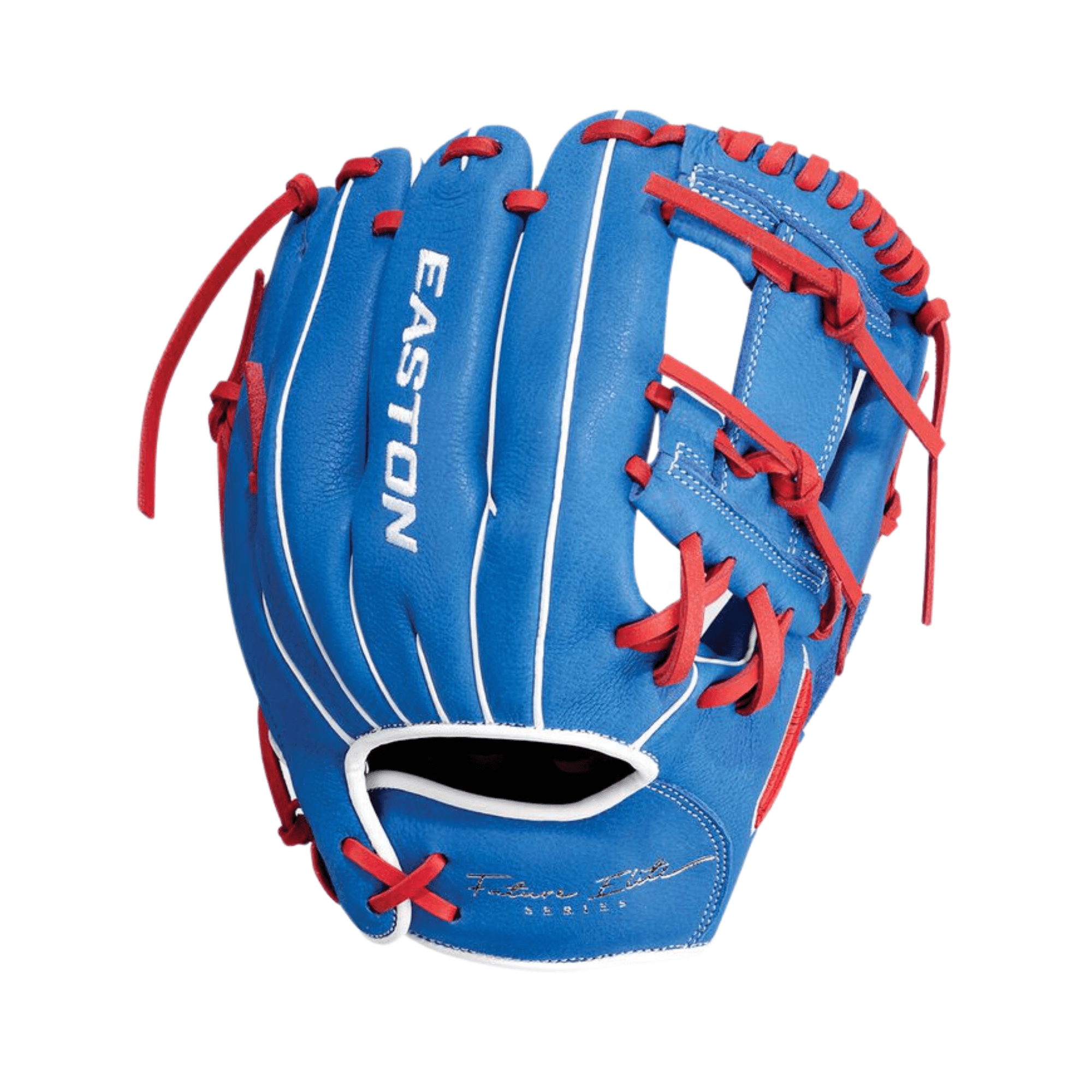 Easton Future Elite Series 11" LHT youth baseball glove in royal blue and red, designed for young players.