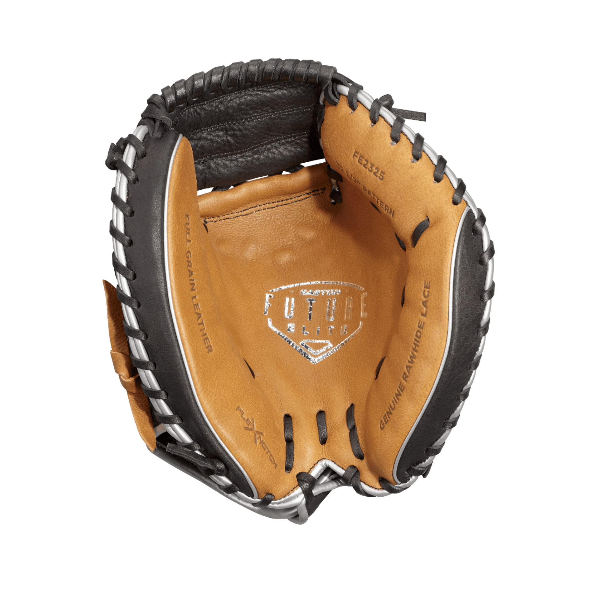 Easton Future Elite Series youth baseball catchers mitt showing interior design and Flex Notch closure system.