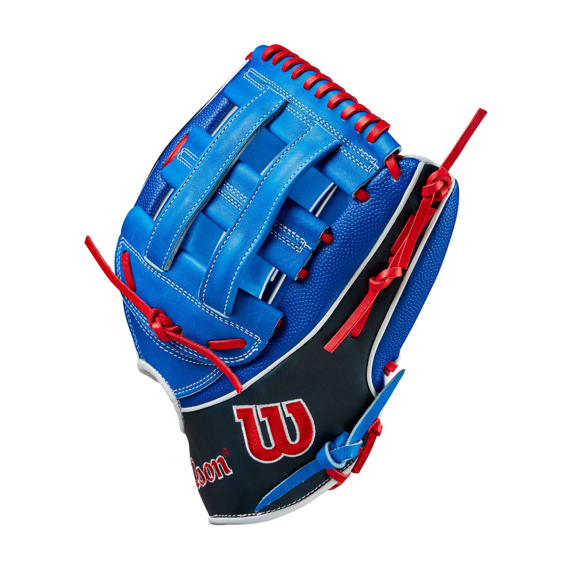Wilson 2024 A2K Mookie Betts LHT 12.5" outfield glove in blue and black, featuring durable Pro Stock leather and SuperSkin.