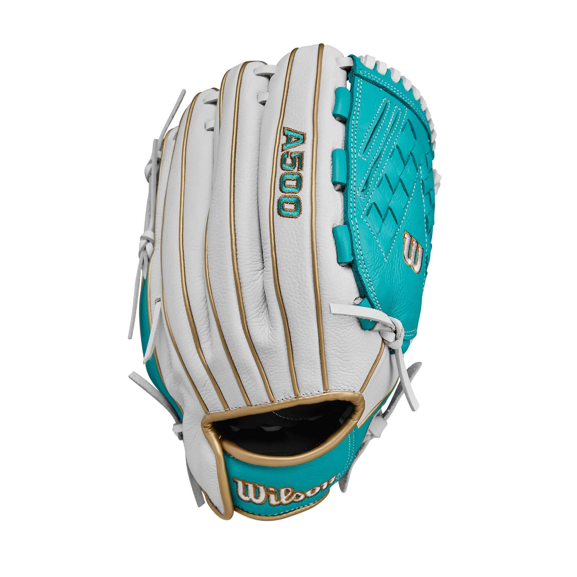 Wilson A500 Siren 12.5" youth outfield glove in white, teal, and gold with closed victory web design.