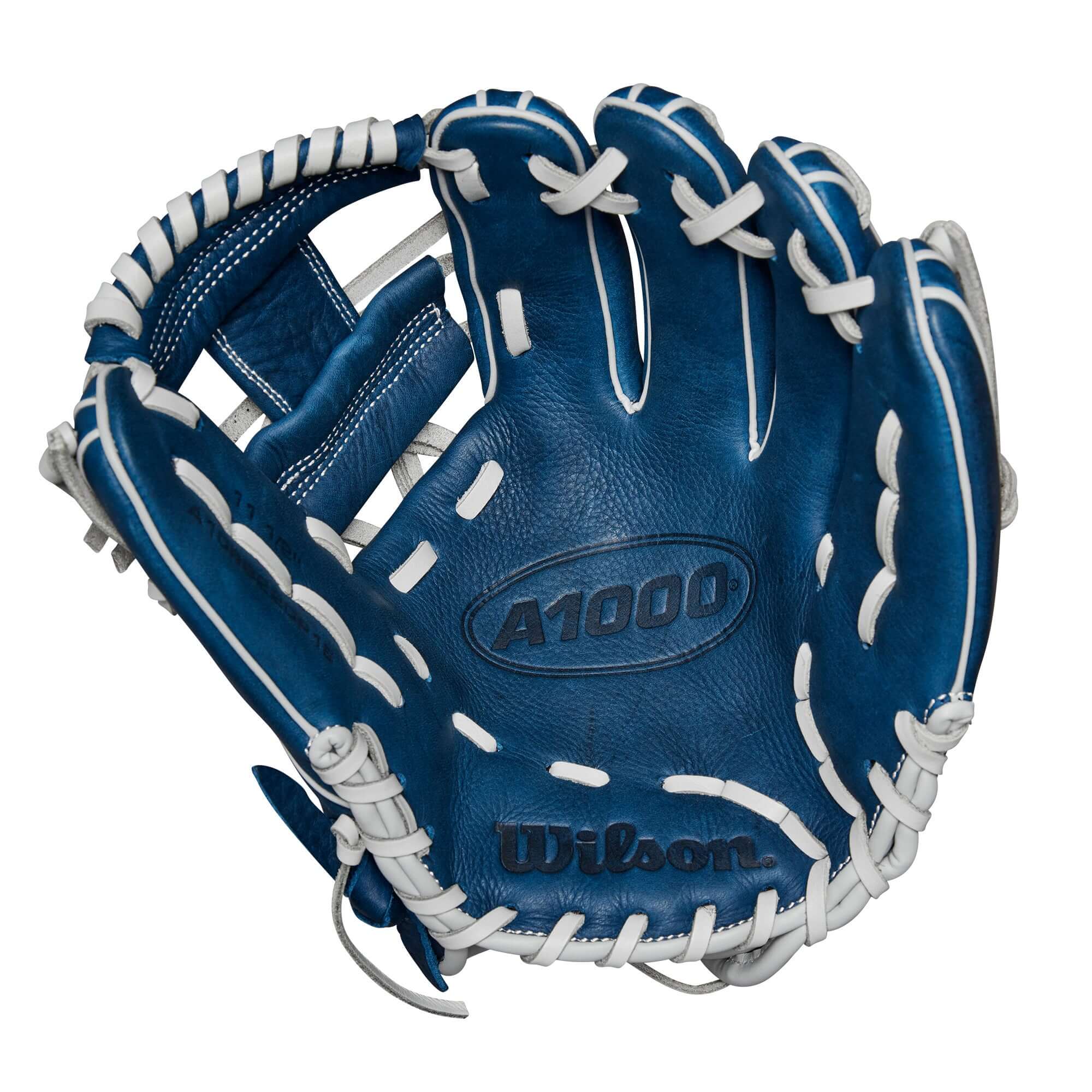 Wilson 2024 A1000 DP15 infield baseball glove in navy blue with white lacing, designed for smaller hands.