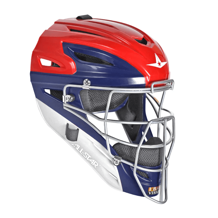 All-Star S7 Axis catching mask in red, white, and blue with graphite finish for youth players aged 12-16.