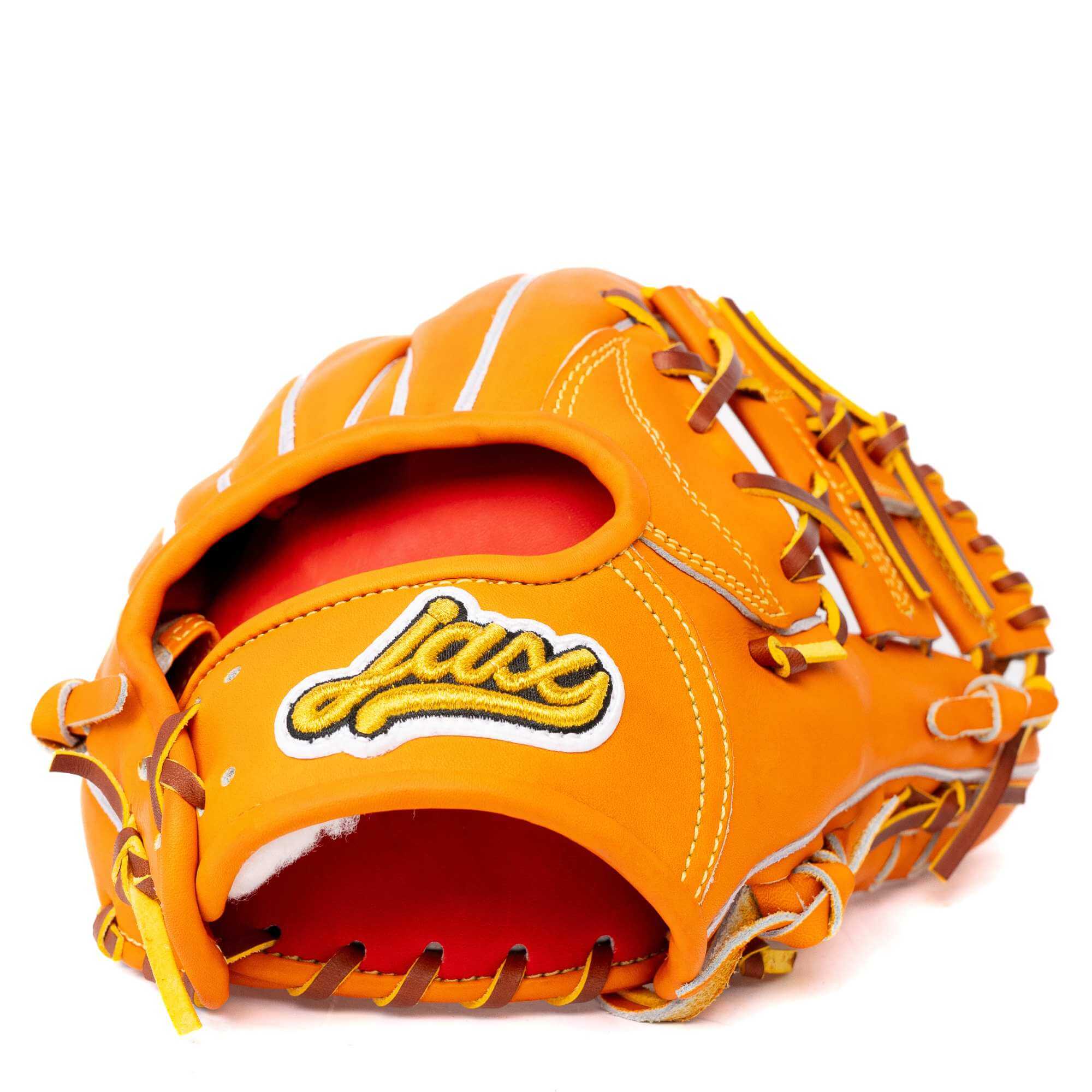 Jax DM-5S infield glove in orange tan, showcasing quality craftsmanship and compact design for performance.