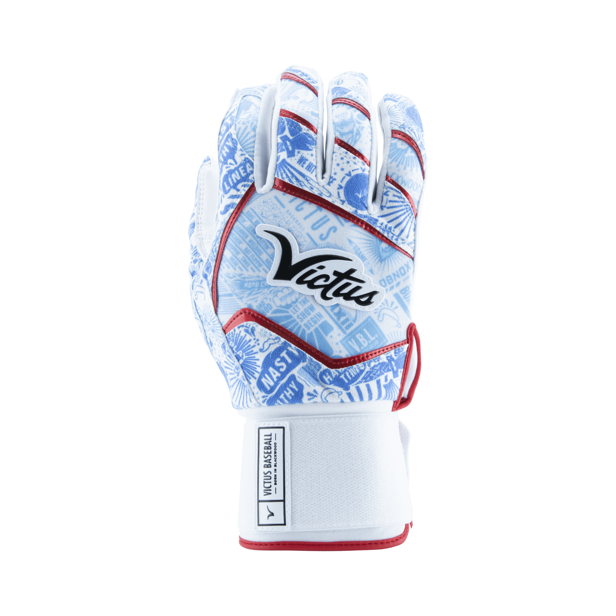 Victus Nox Full Wrap batting glove in red, royal, and Columbia colors, showcasing a sleek design and four-way stretch material.