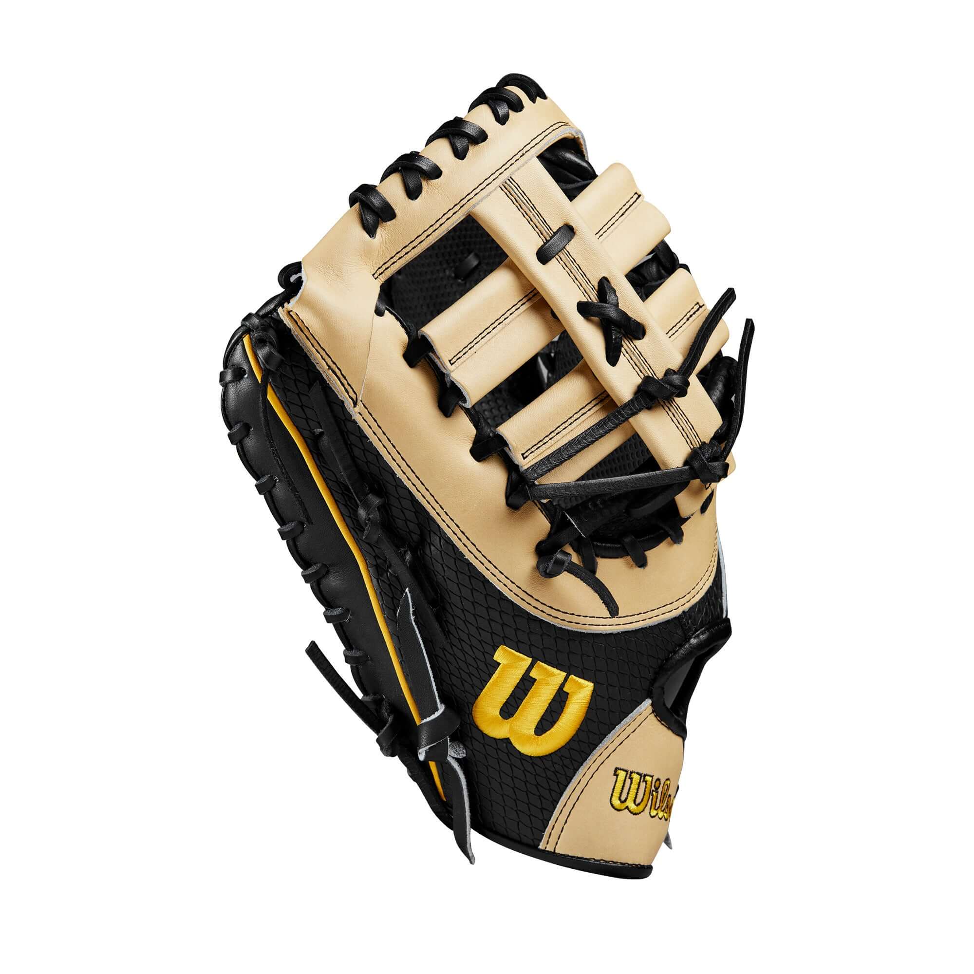 Wilson 2024 A2K Jose Abreu Game Model First Base Mitt in black and tan, featuring advanced Spin Control Technology.