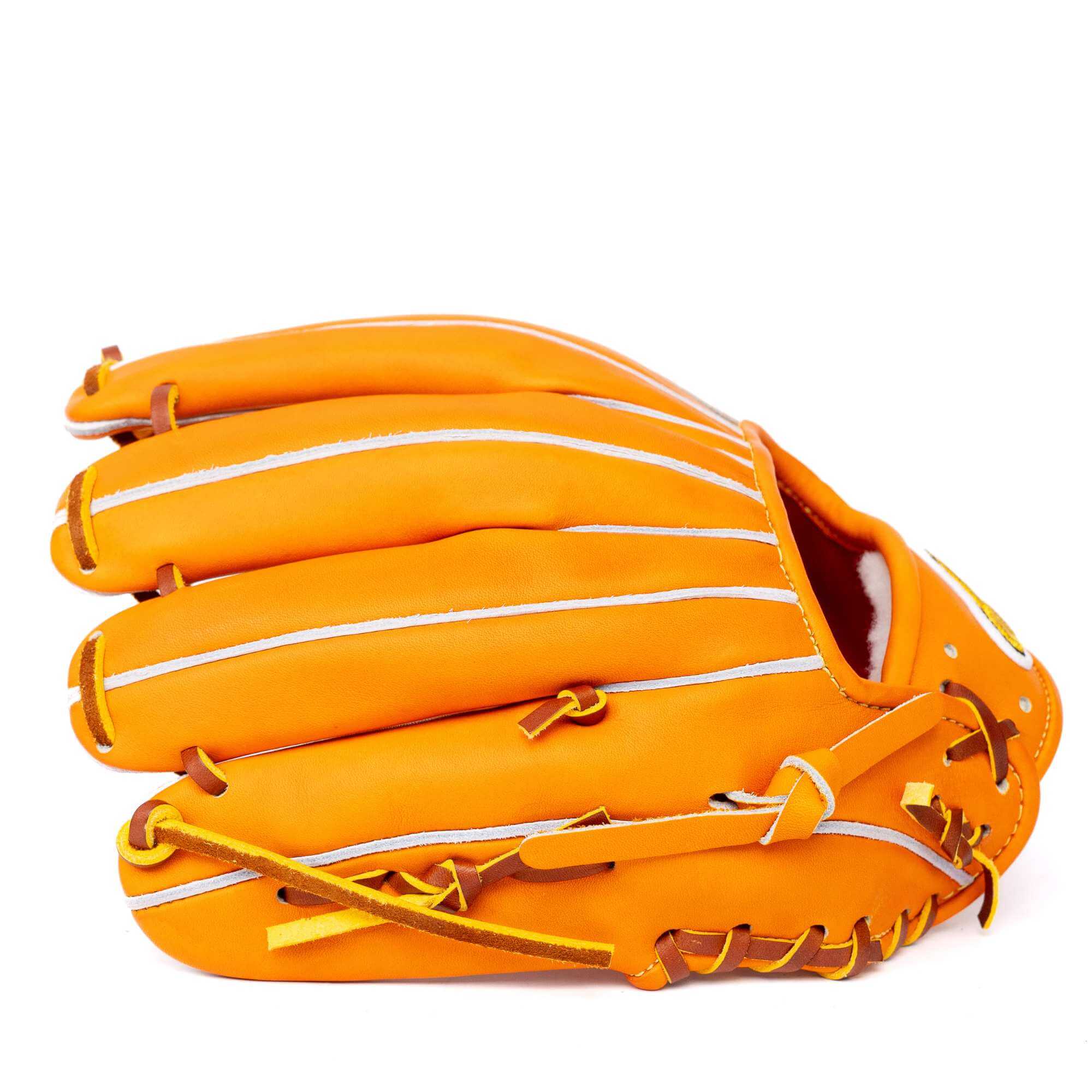 Jax DM-5S infield glove in bright orange and tan, showcasing its sleek design and quality craftsmanship.