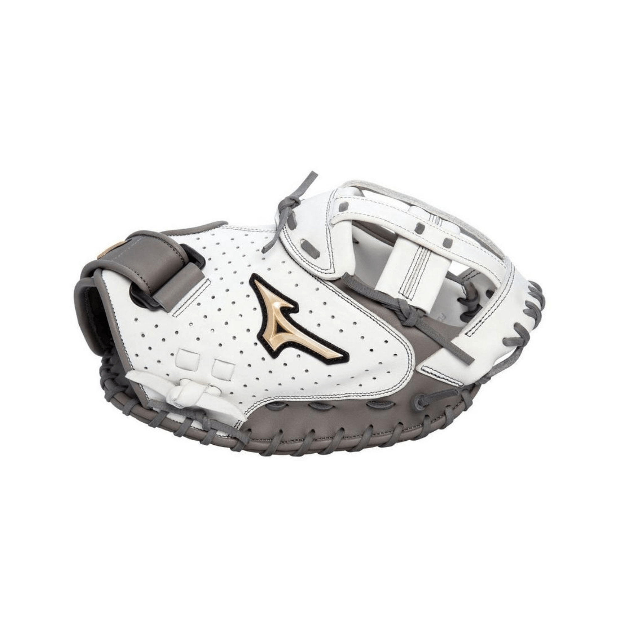 Mizuno GPE-340F Prime Elite Fastpitch Catcher's Mitt in white and grey, showcasing durable leather and breathable design.