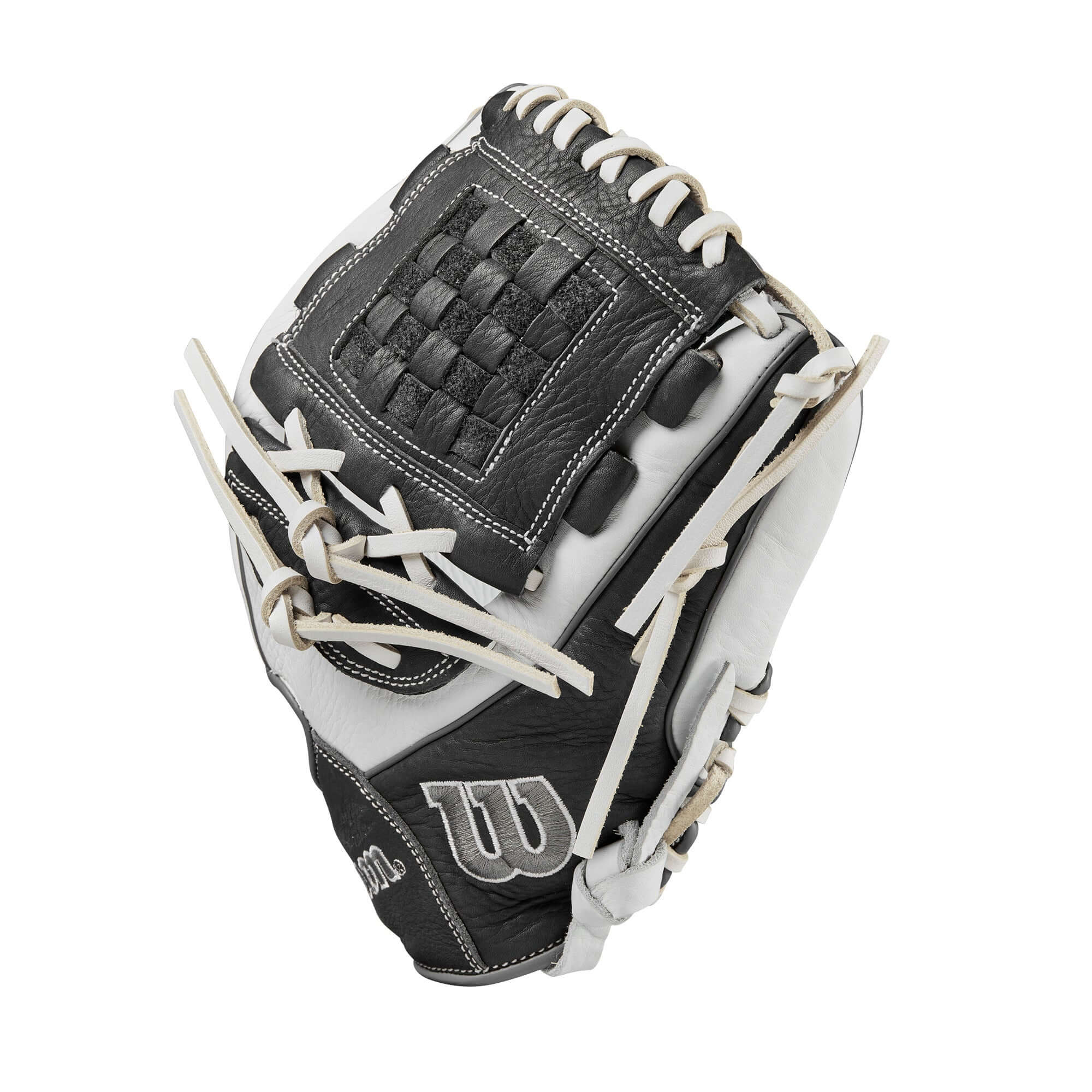 Wilson 2024 A1000 P12 Pitcher's Fastpitch Softball Glove in grey and white, featuring a two-piece closed weave web design.