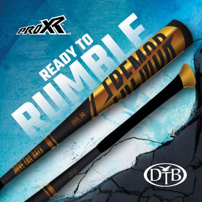 Dove Tail Bats Tremor BBCOR metal bat showcasing ProXR technology, black and gold design, ready for action.
