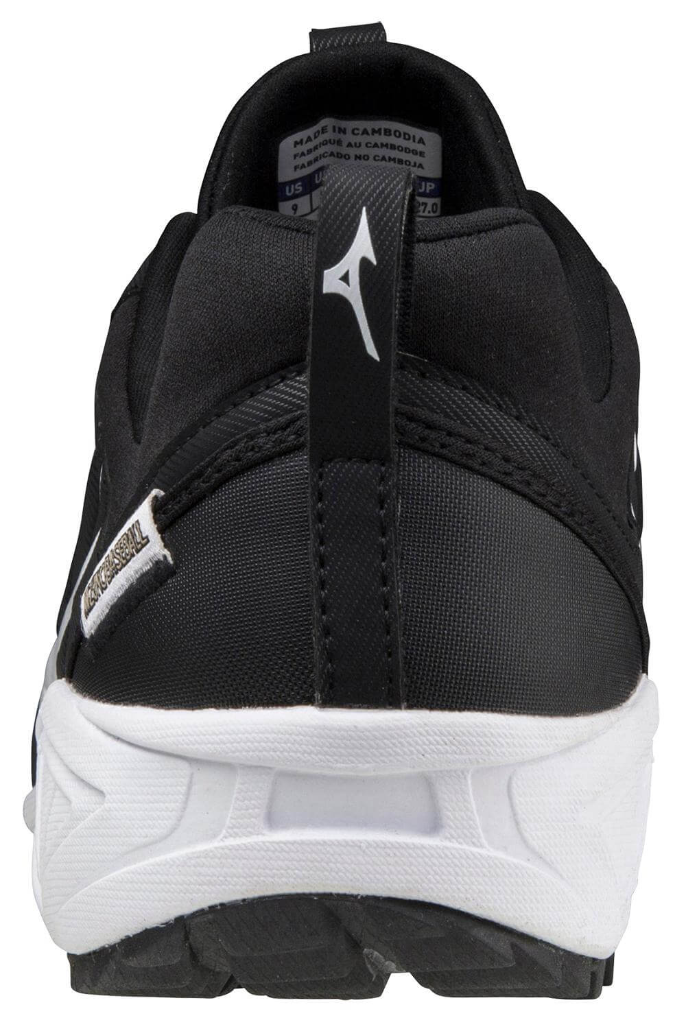 Mizuno Ambition 2 Men's Turf Shoe rear view in black and white, showcasing design and cushioning features.