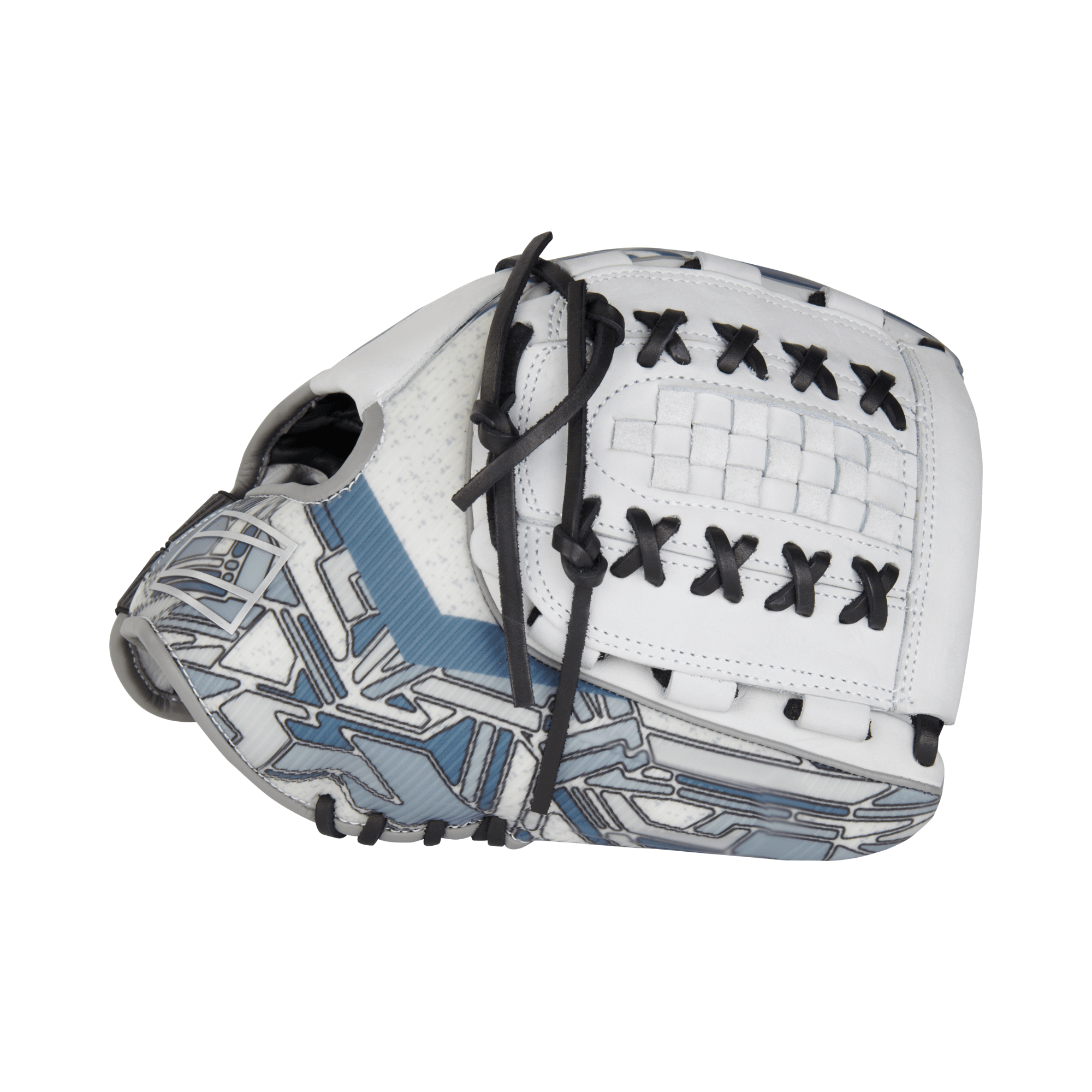 Rawlings REV1X 12.25" softball glove featuring advanced durability and sleek design in white and blue colors.
